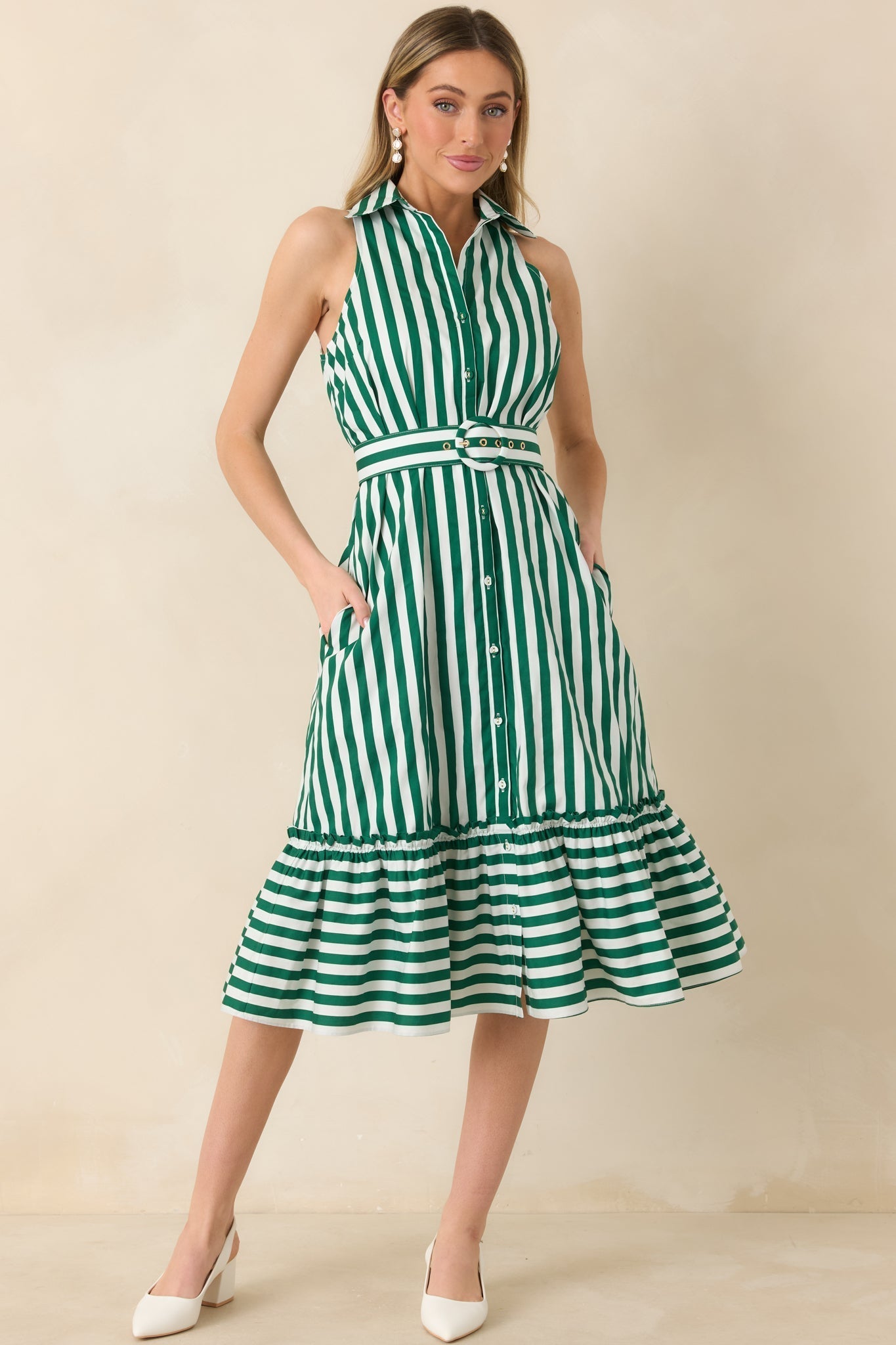 Women's Prosperina Lourdes Green Stripe Cotton Sleeveless Midi Dress | 100% Cotton 0