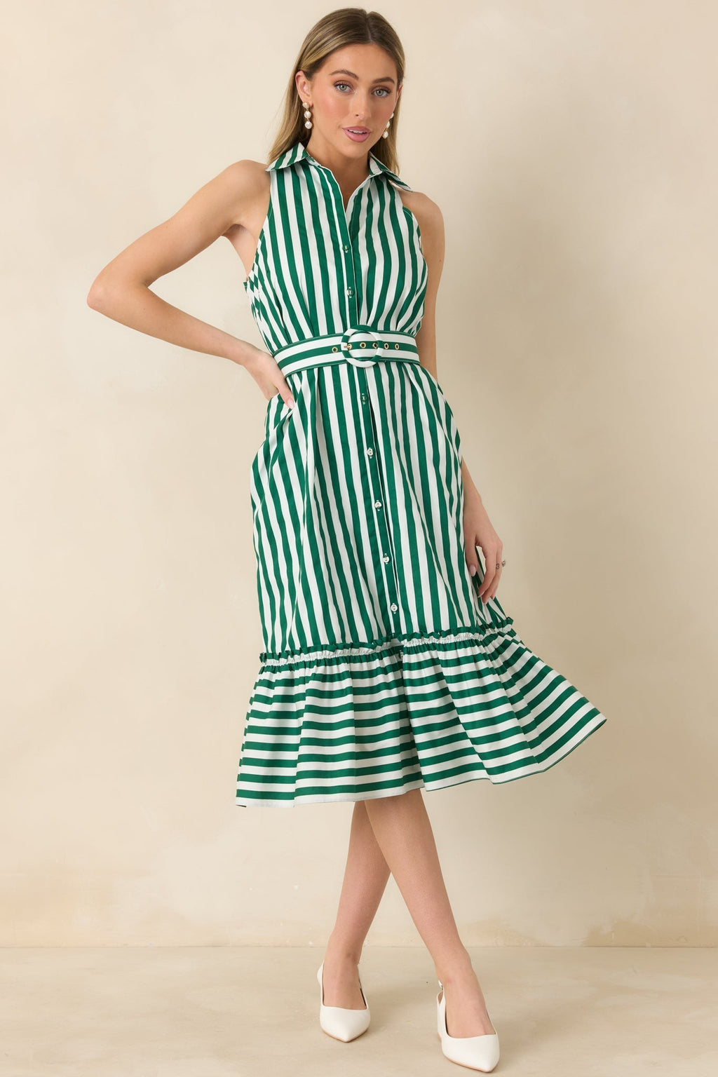 Women's Prosperina Lourdes Green Stripe Cotton Sleeveless Midi Dress | 100% Cotton 3