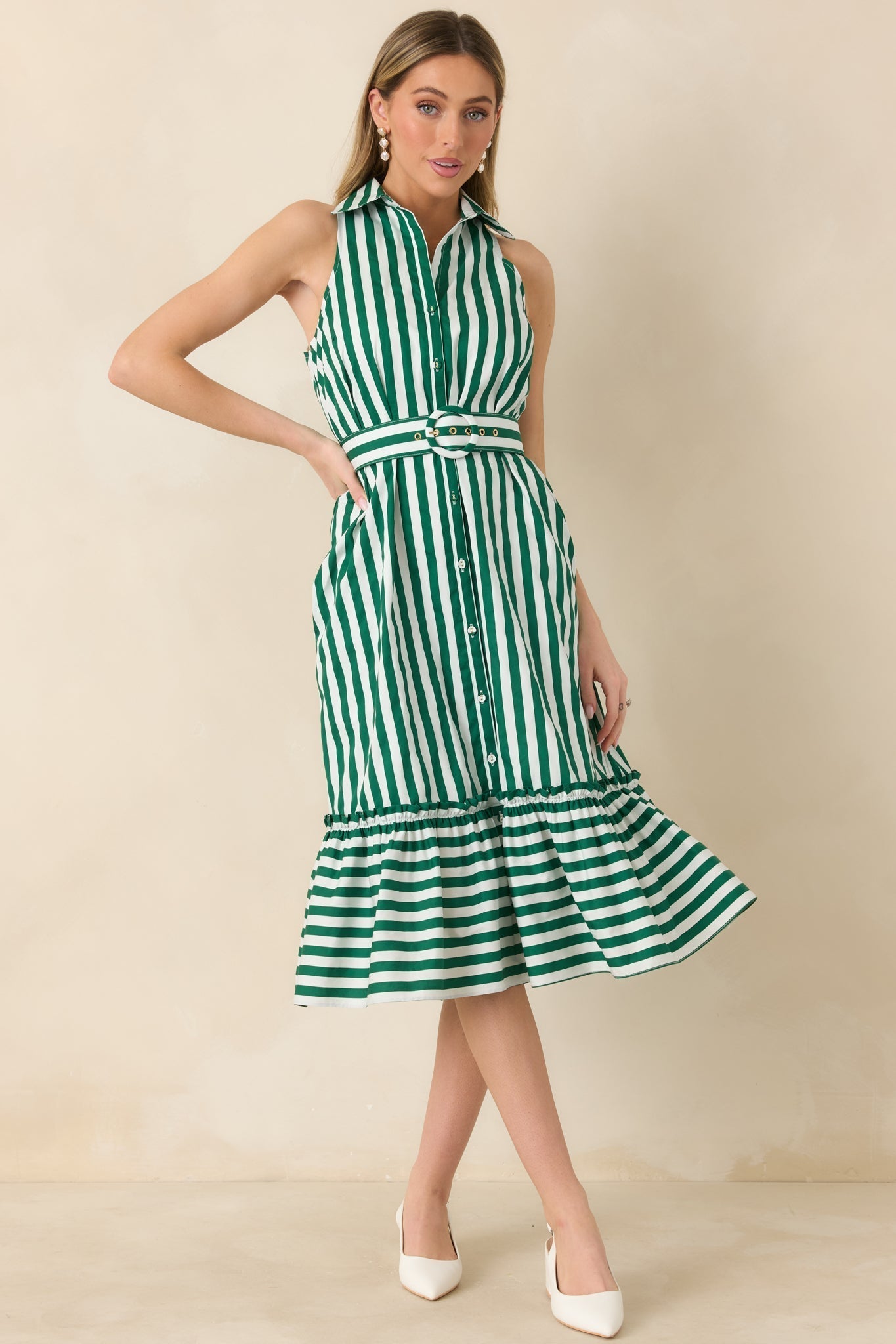 Women's Prosperina Lourdes Green Stripe Cotton Sleeveless Midi Dress | 100% Cotton 3
