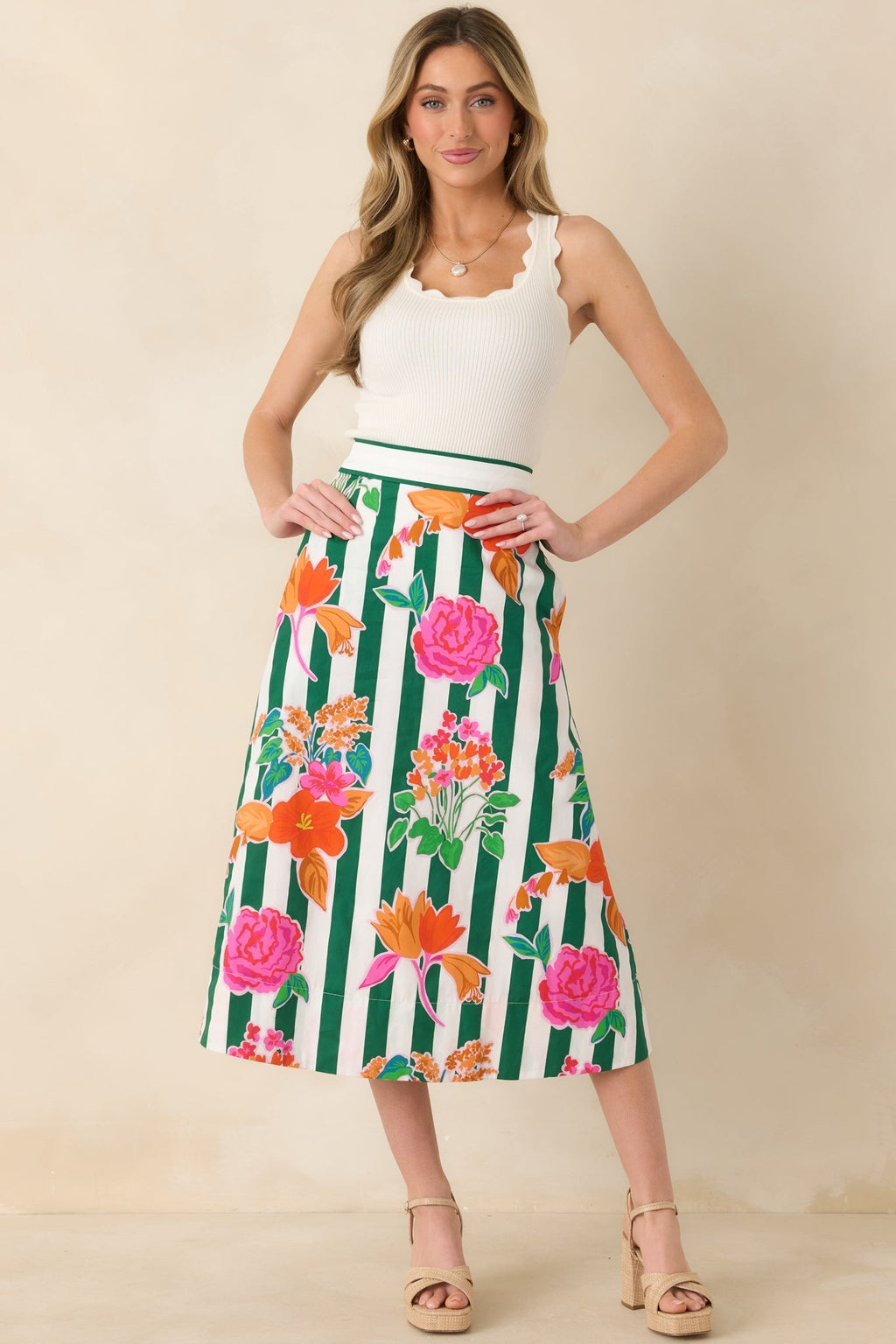 Women's Prosperina Monroe Green Multi Floral Stripe Cotton Midi Skirt | 100% Cotton 0