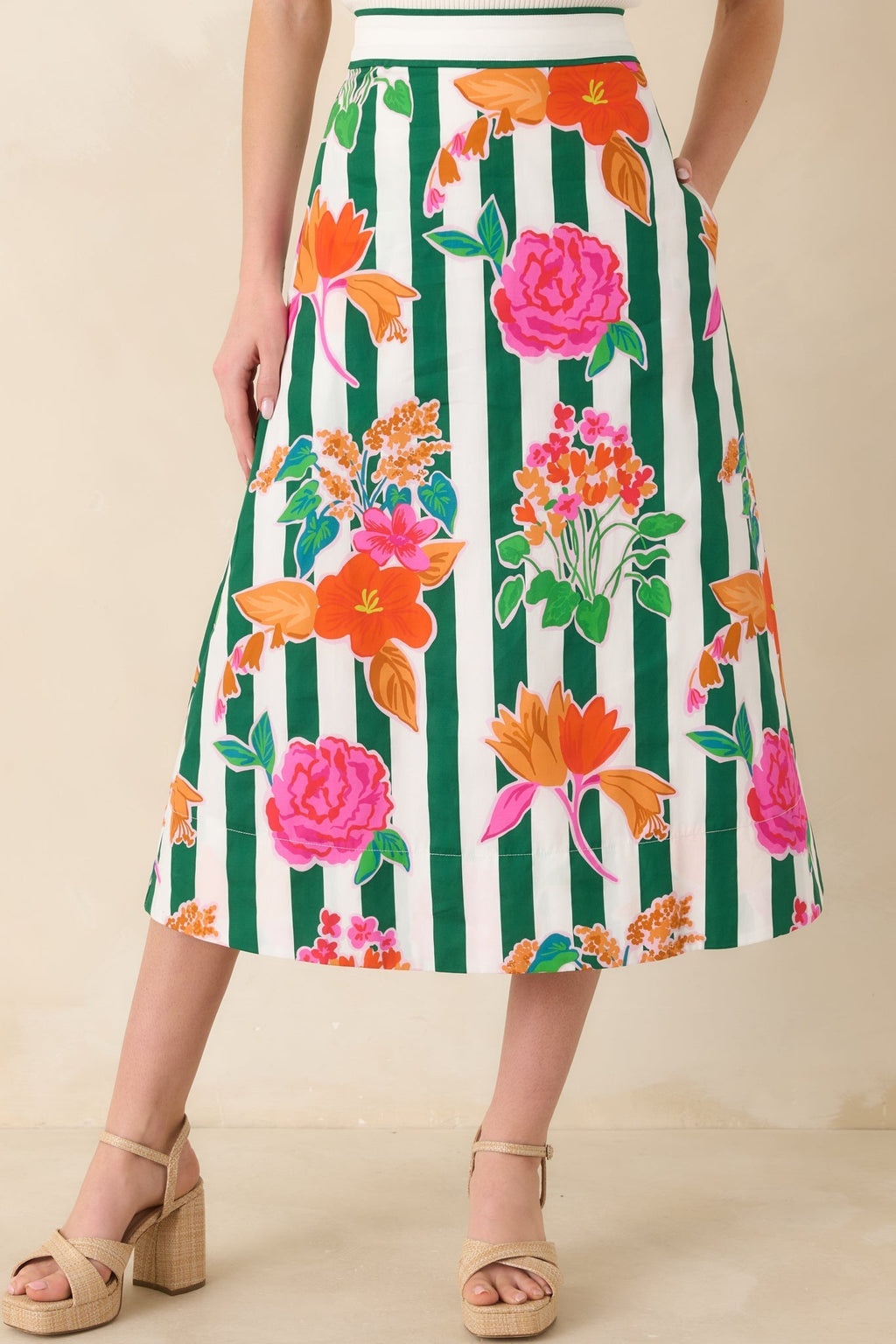 Women's Prosperina Monroe Green Multi Floral Stripe Cotton Midi Skirt | 100% Cotton 1