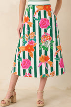 Women's Prosperina Monroe Green Multi Floral Stripe Cotton Midi Skirt | 100% Cotton 1
