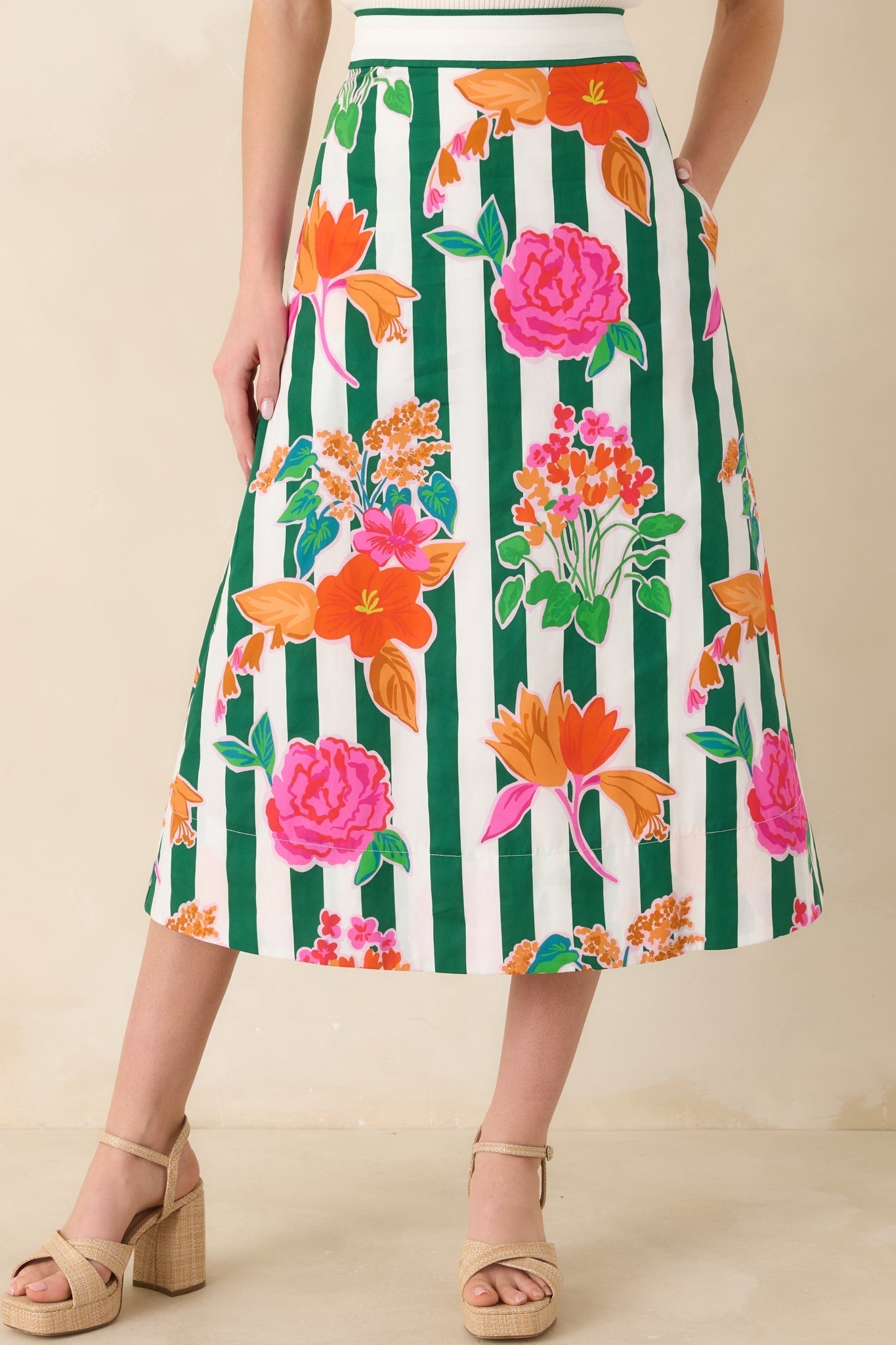 Women's Prosperina Monroe Green Multi Floral Stripe Cotton Midi Skirt | 100% Cotton 1