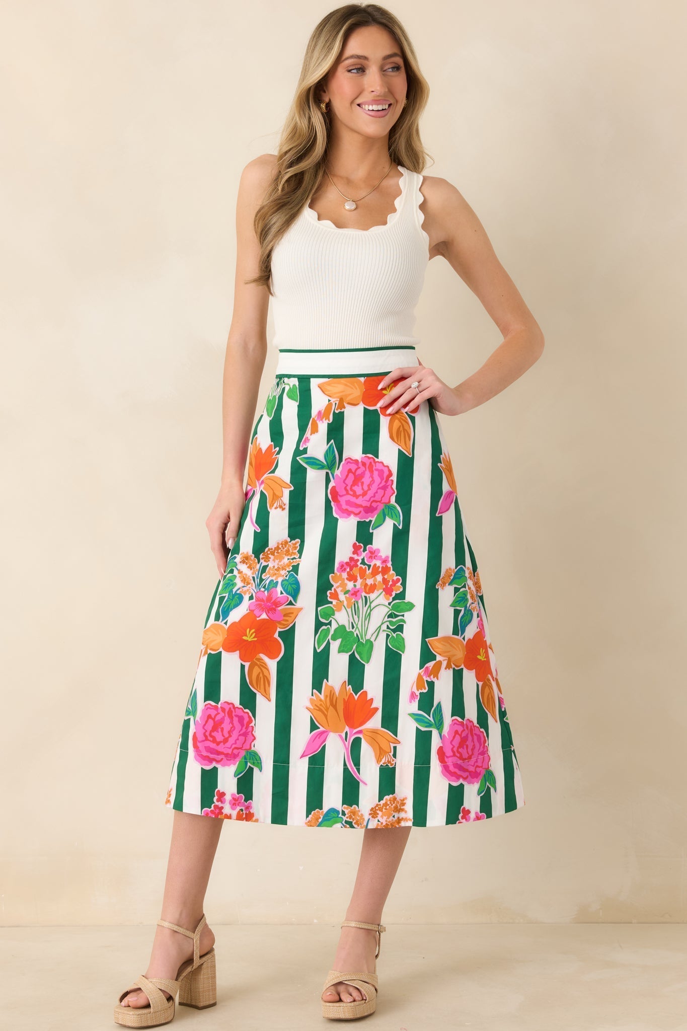 Women's Prosperina Monroe Green Multi Floral Stripe Cotton Midi Skirt | 100% Cotton 2