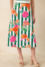 Women's Prosperina Monroe Green Multi Floral Stripe Cotton Midi Skirt | 100% Cotton 3