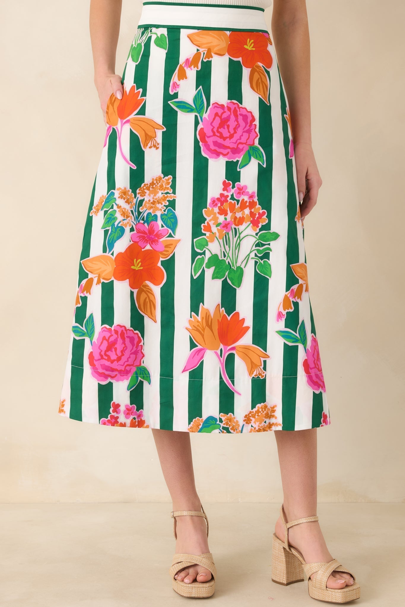 Women's Prosperina Monroe Green Multi Floral Stripe Cotton Midi Skirt | 100% Cotton 3
