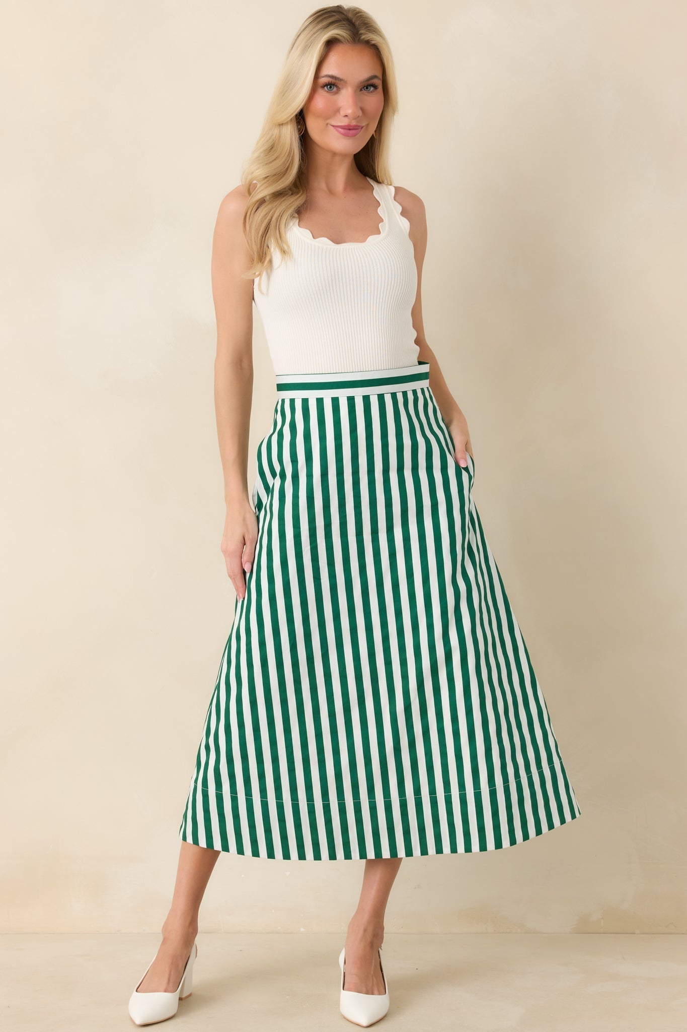 Women's Prosperina Opal Green Stripe Cotton Midi Skirt | 100% Cotton 2