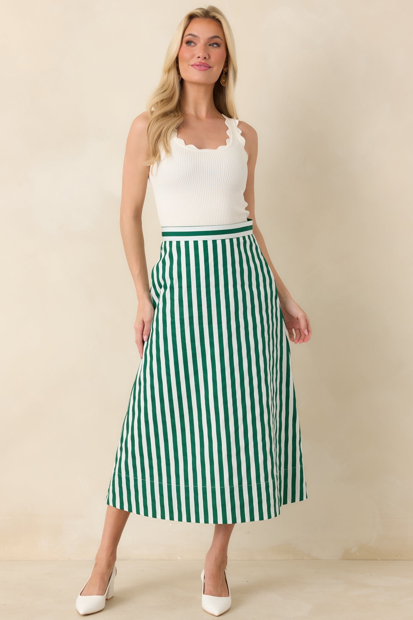 Women's Prosperina Opal Green Stripe Cotton Midi Skirt | 100% Cotton 3