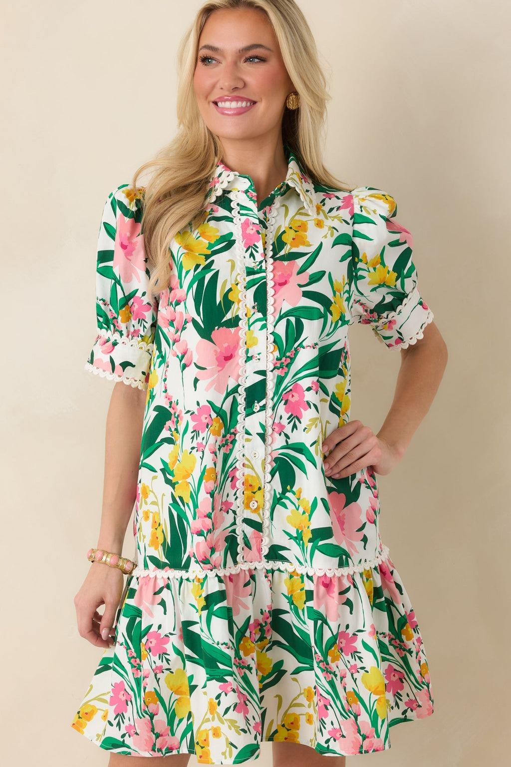 Women's Prosperina Rayne Green & Pink Multi Floral Cotton Mini Dress | 100% Cotton 3