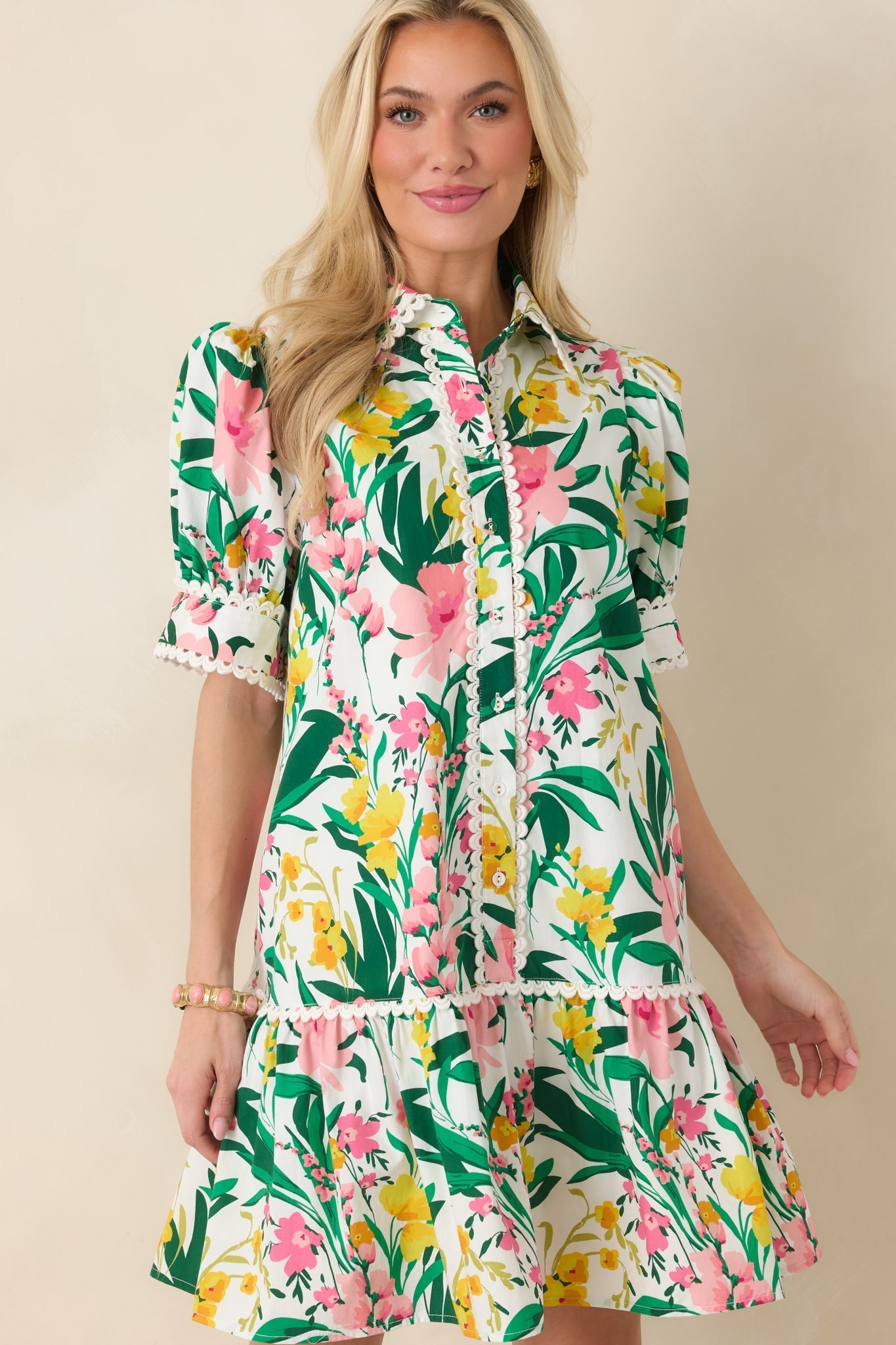 Women's Prosperina Rayne Green & Pink Multi Floral Cotton Mini Dress | 100% Cotton 4