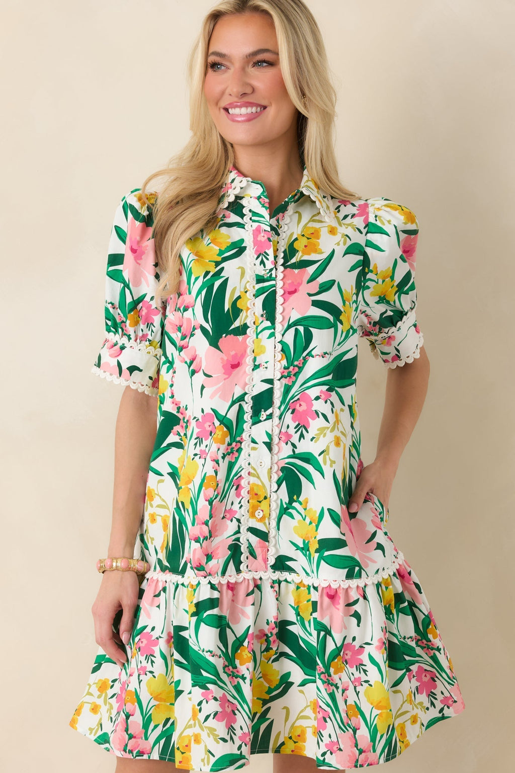 Women's Prosperina Rayne Green & Pink Multi Floral Cotton Mini Dress | 100% Cotton 5
