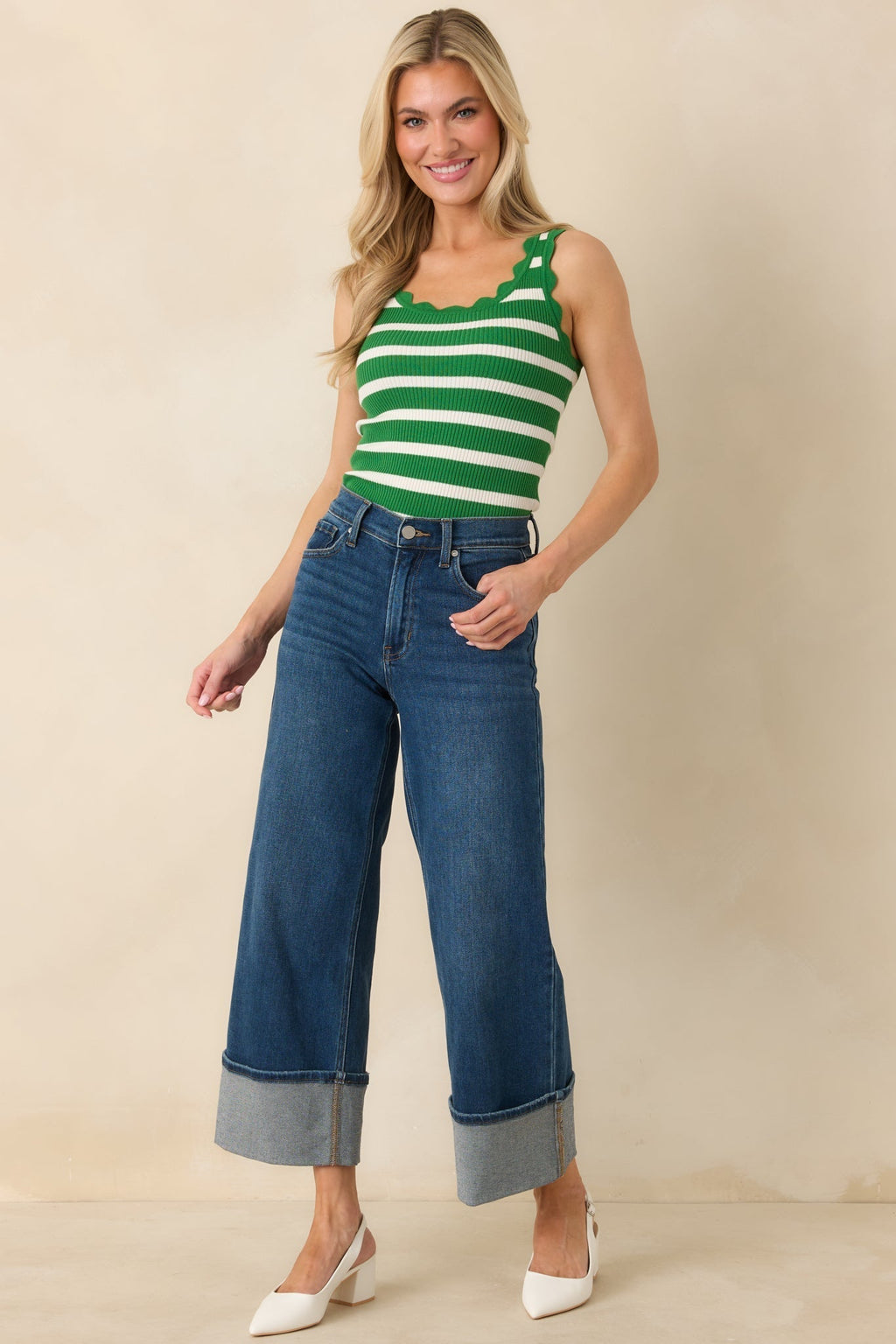 Women's Prosperina Shay Kelly Green Stripe Scallop Cotton Tank | 100% Cotton 6