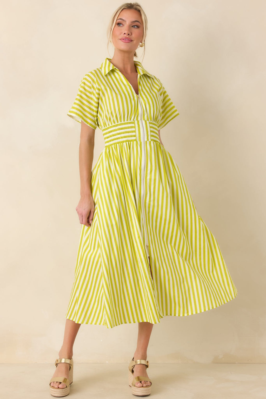 Women's Put It in Motion Chartreuse Green Stripe Cotton Midi Dress | 100% Cotton 0