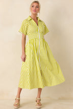 Women's Put It in Motion Chartreuse Green Stripe Cotton Midi Dress | 100% Cotton 0