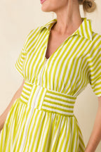 Women's Put It in Motion Chartreuse Green Stripe Cotton Midi Dress | 100% Cotton 1