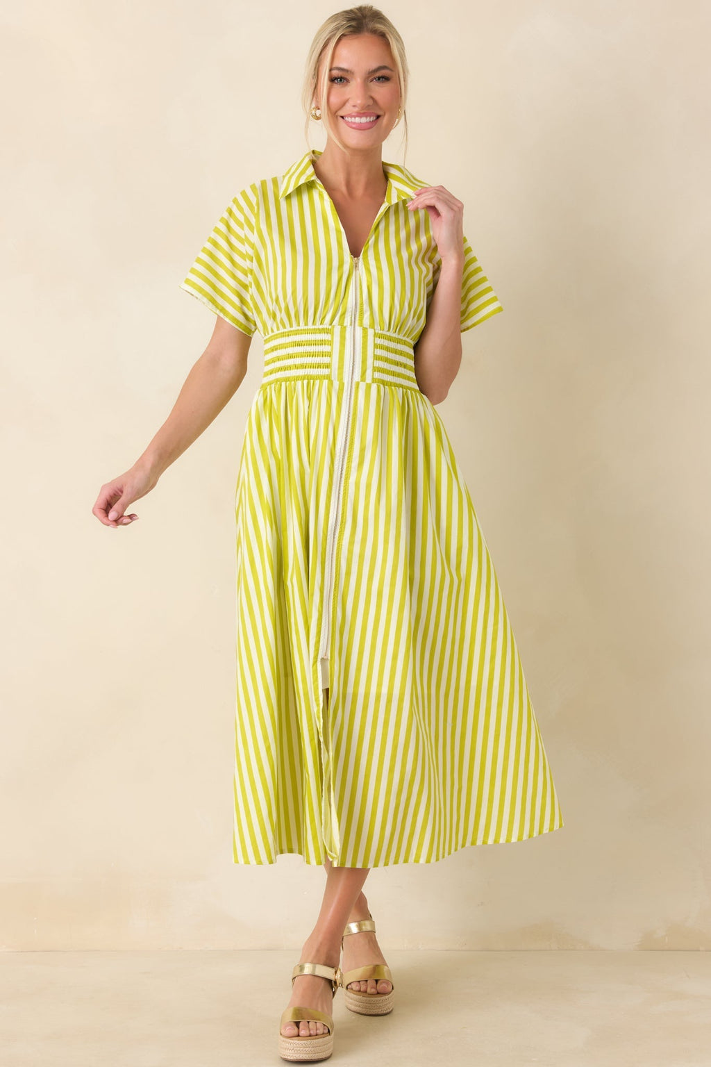Women's Put It in Motion Chartreuse Green Stripe Cotton Midi Dress | 100% Cotton 2