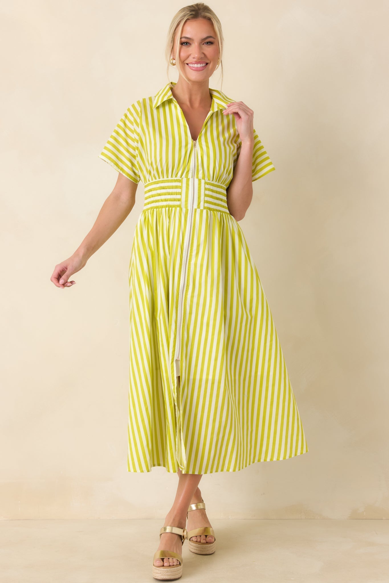 Women's Put It in Motion Chartreuse Green Stripe Cotton Midi Dress | 100% Cotton 2