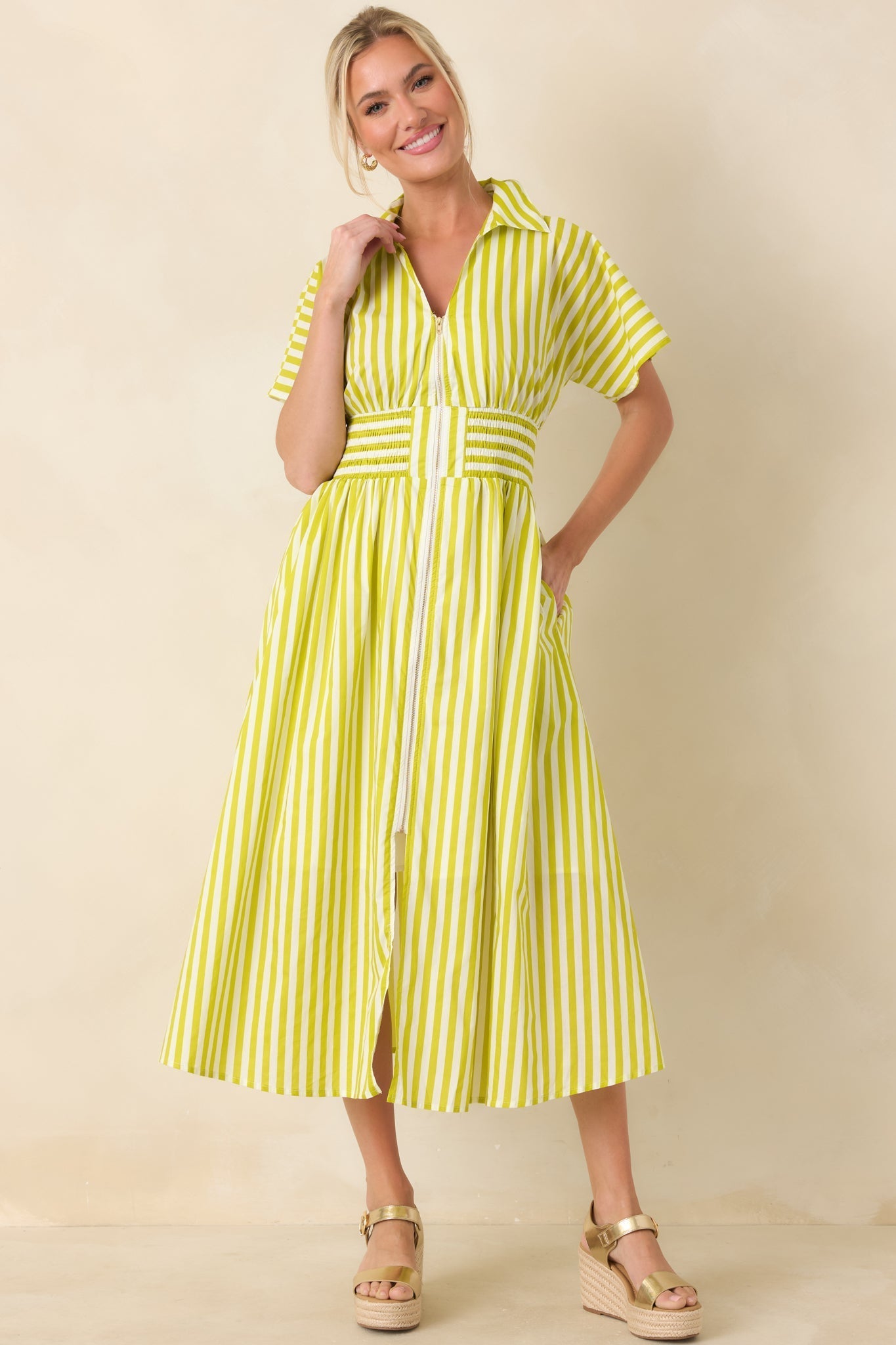 Women's Put It in Motion Chartreuse Green Stripe Cotton Midi Dress | 100% Cotton 3