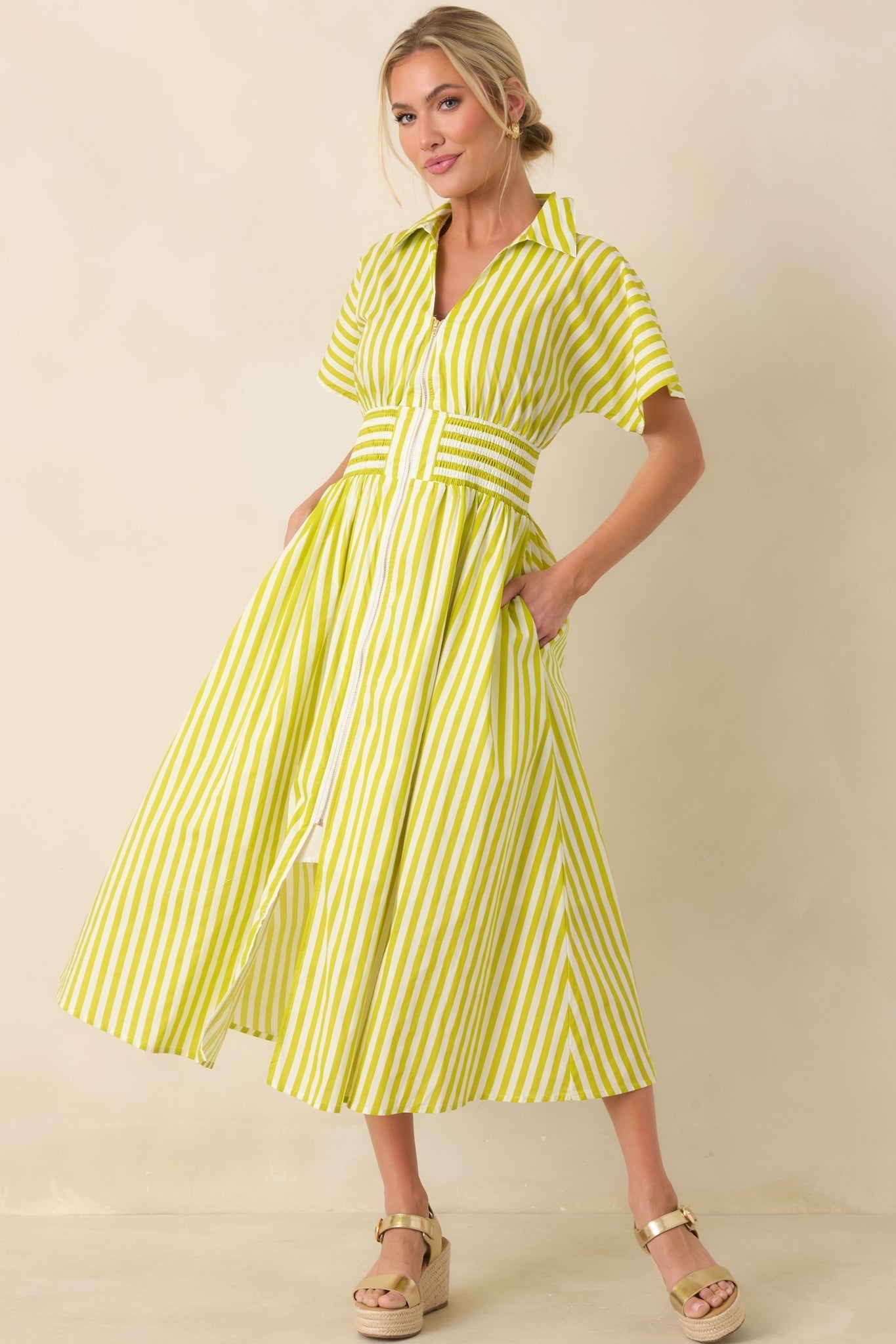 Women's Put It in Motion Chartreuse Green Stripe Cotton Midi Dress | 100% Cotton 4