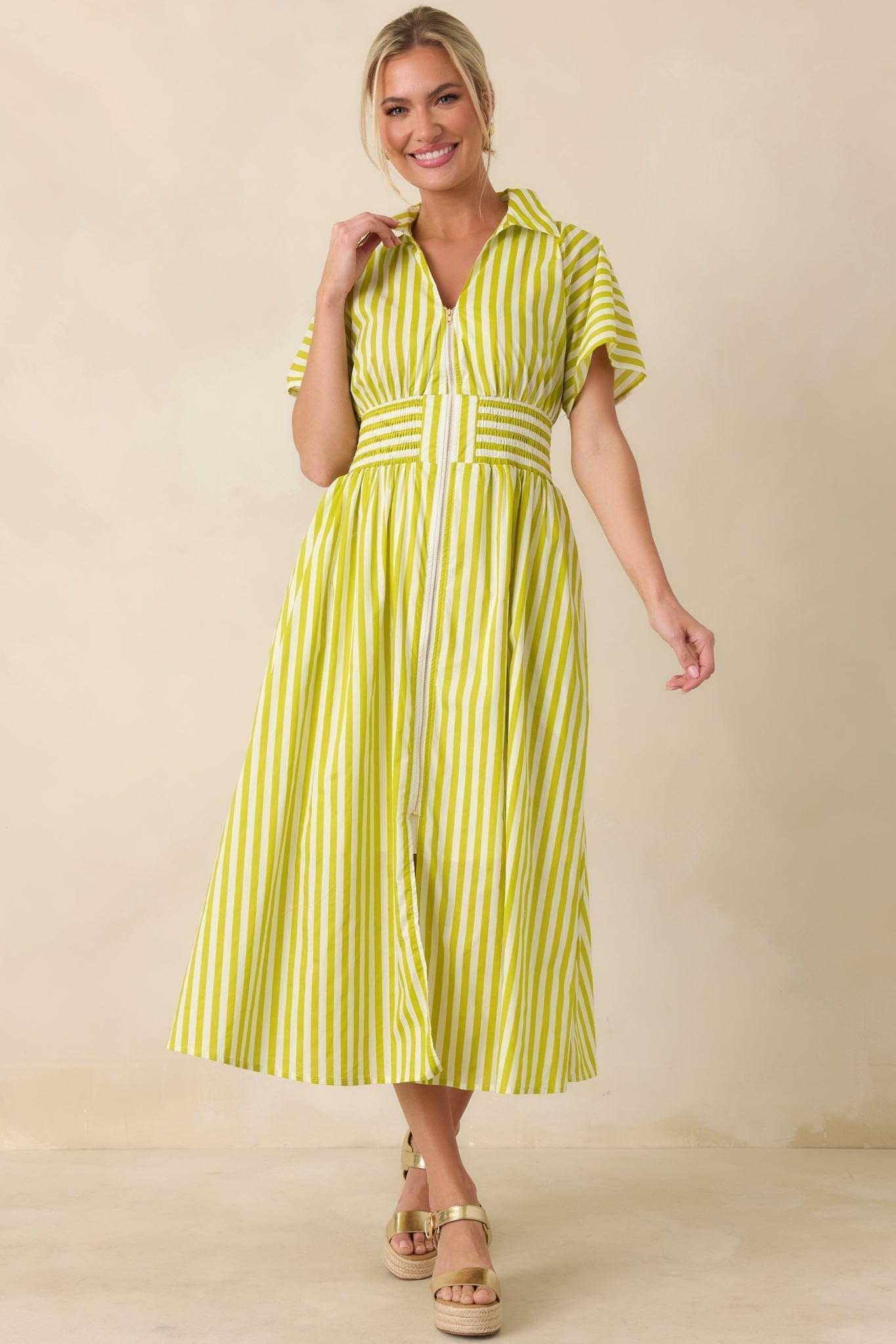 Women's Put It in Motion Chartreuse Green Stripe Cotton Midi Dress | 100% Cotton 5