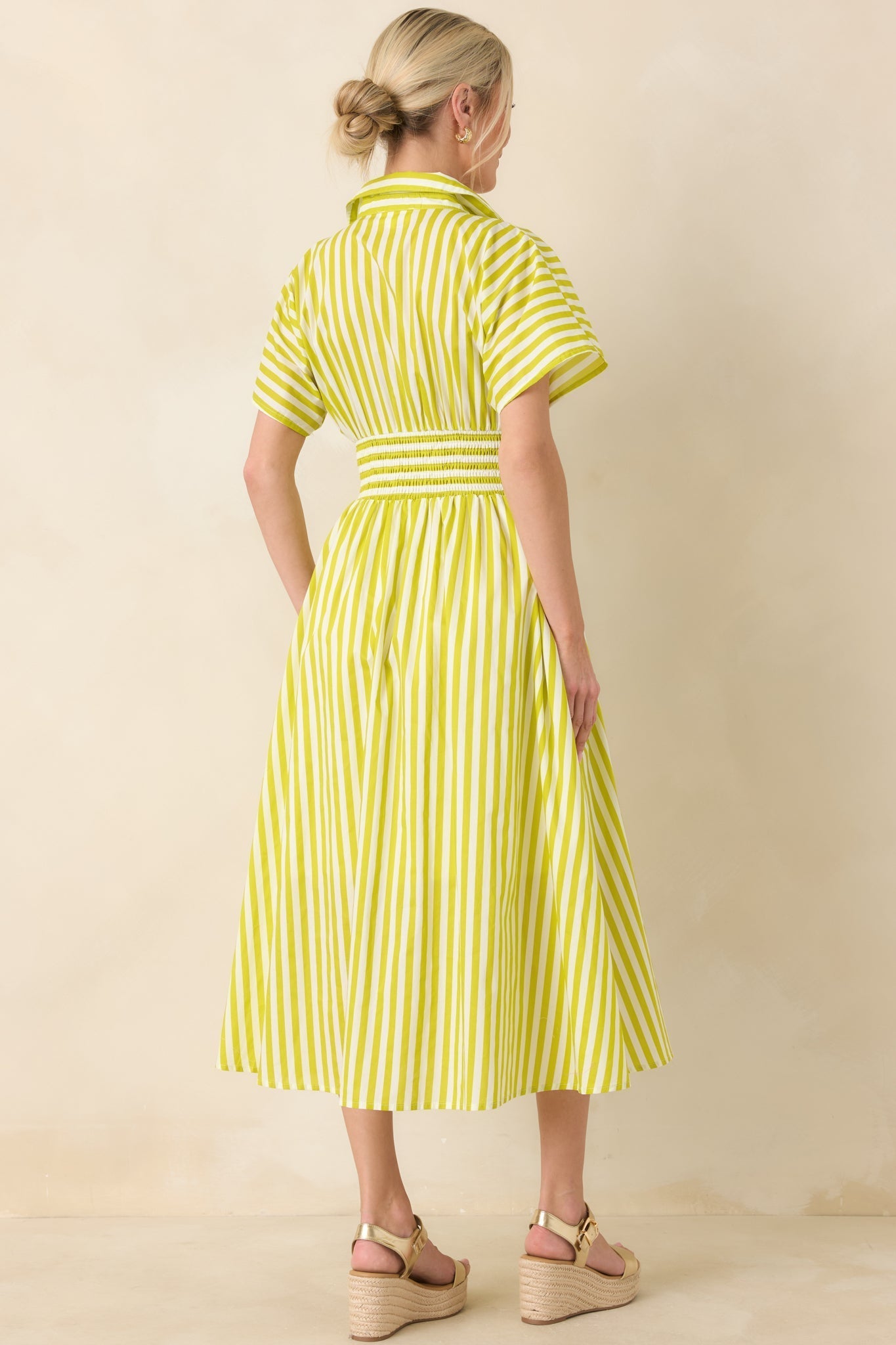 Women's Put It in Motion Chartreuse Green Stripe Cotton Midi Dress | 100% Cotton 6