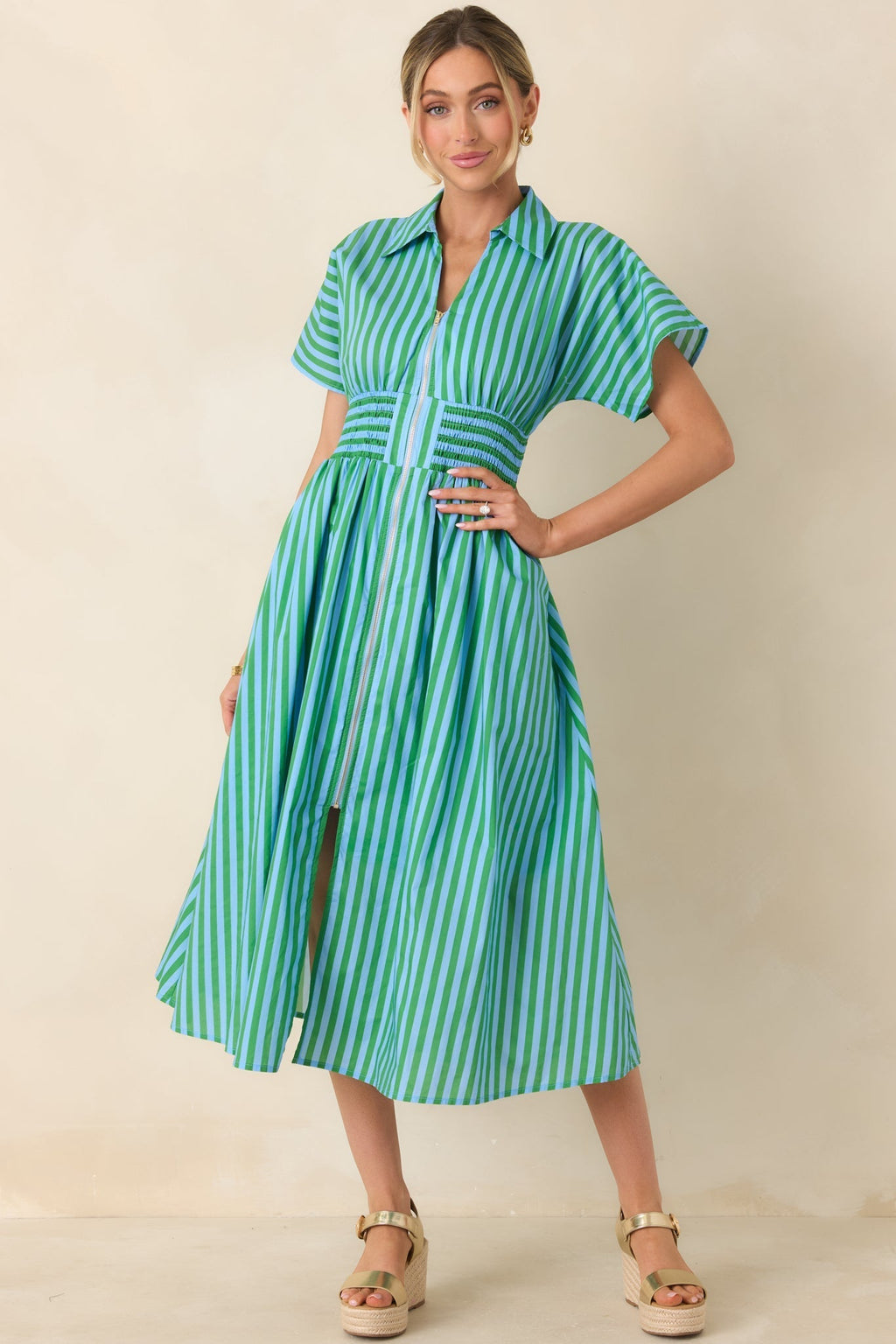 Women's Put It in Motion Light Blue & Green Stripe Cotton Midi Dress | 100% Cotton 0