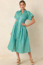 Women's Put It in Motion Light Blue & Green Stripe Cotton Midi Dress | 100% Cotton 0