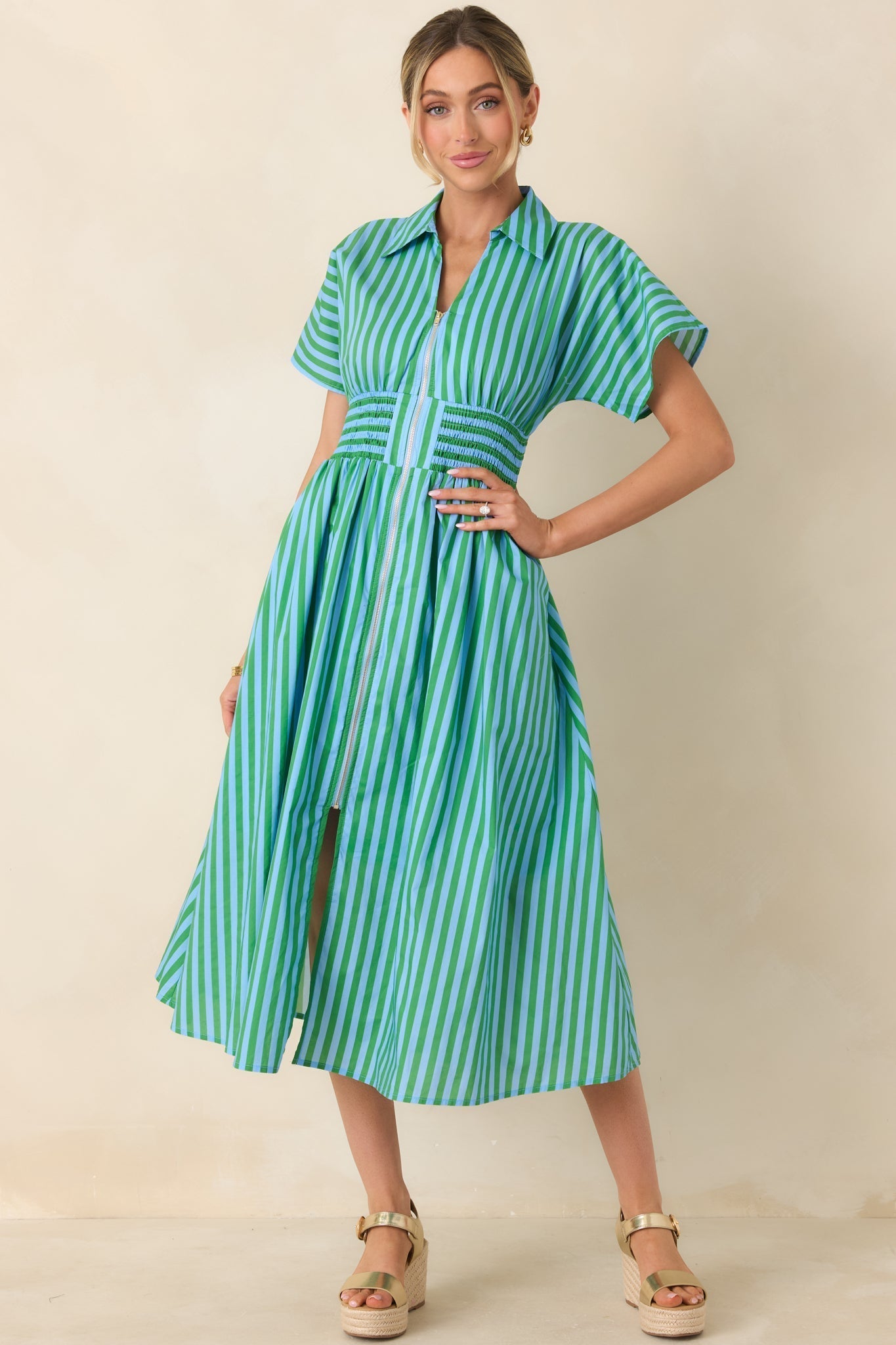 Women's Put It in Motion Light Blue & Green Stripe Cotton Midi Dress | 100% Cotton 0