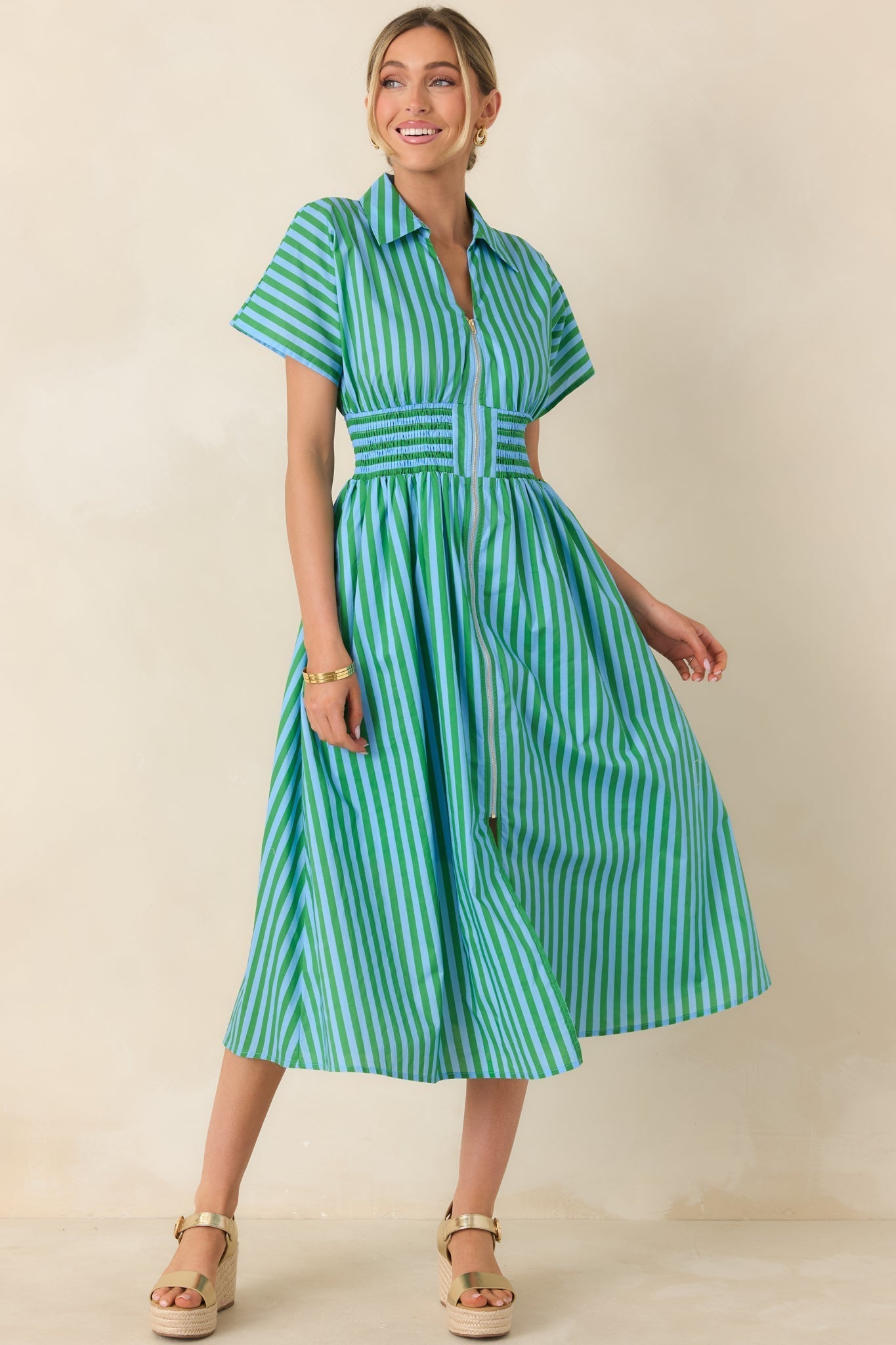Women's Put It in Motion Light Blue & Green Stripe Cotton Midi Dress | 100% Cotton 5