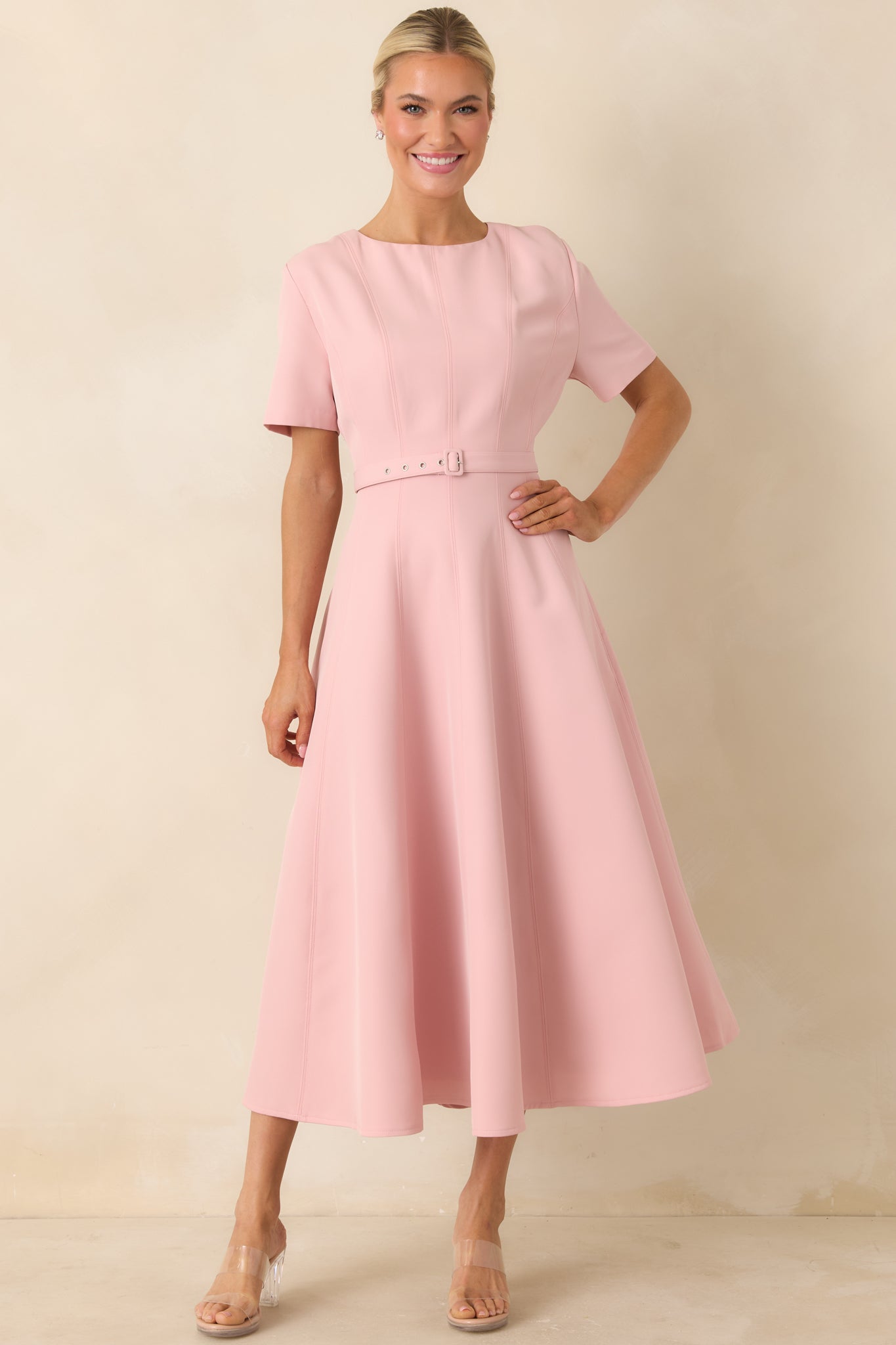 Women's Put Together Perfectly Blush Pink Belted Midi Dress | 95% Polyester & 5% Spandex 0