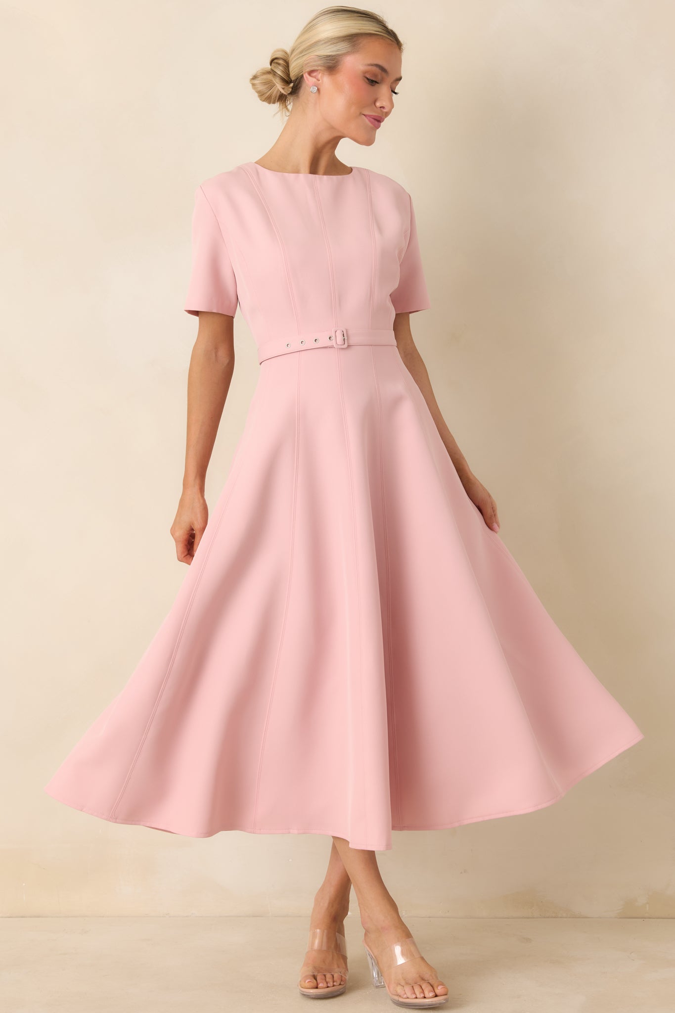 Women's Put Together Perfectly Blush Pink Belted Midi Dress | 95% Polyester & 5% Spandex 2