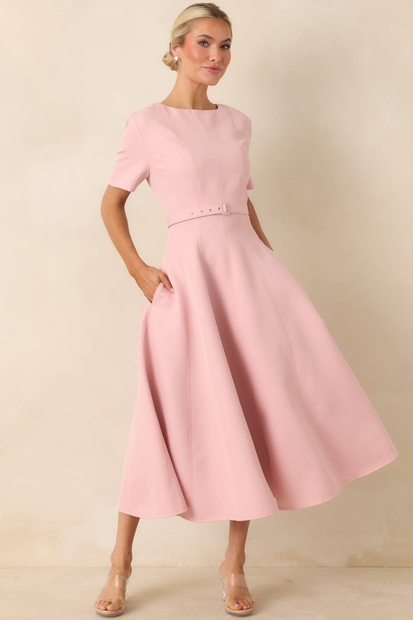 Women's Put Together Perfectly Blush Pink Belted Midi Dress | 95% Polyester & 5% Spandex 3