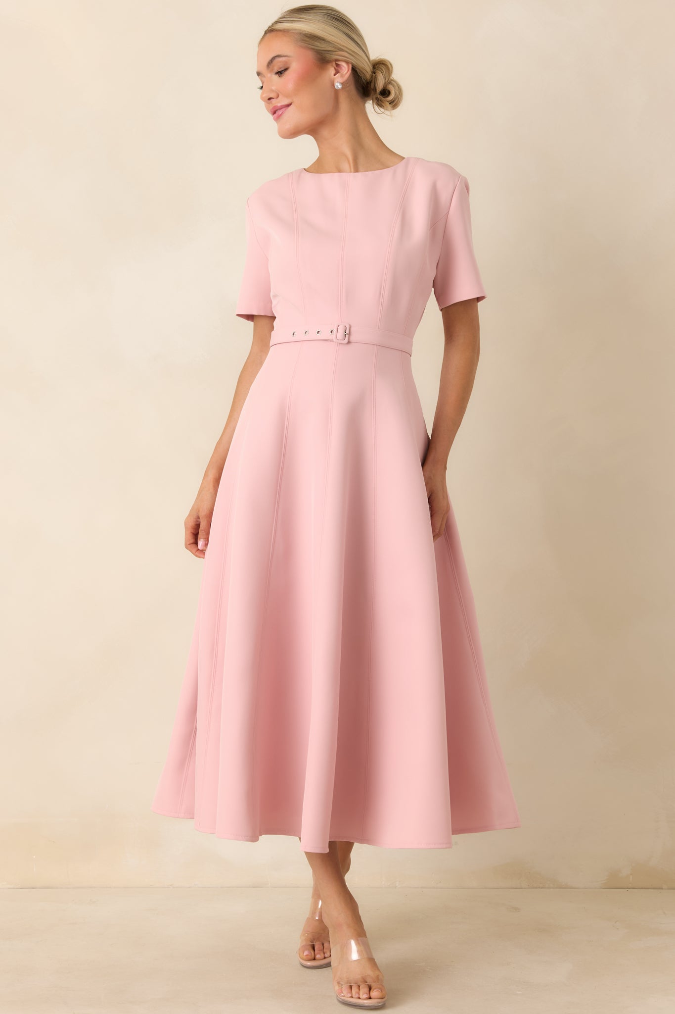 Women's Put Together Perfectly Blush Pink Belted Midi Dress | 95% Polyester & 5% Spandex 4