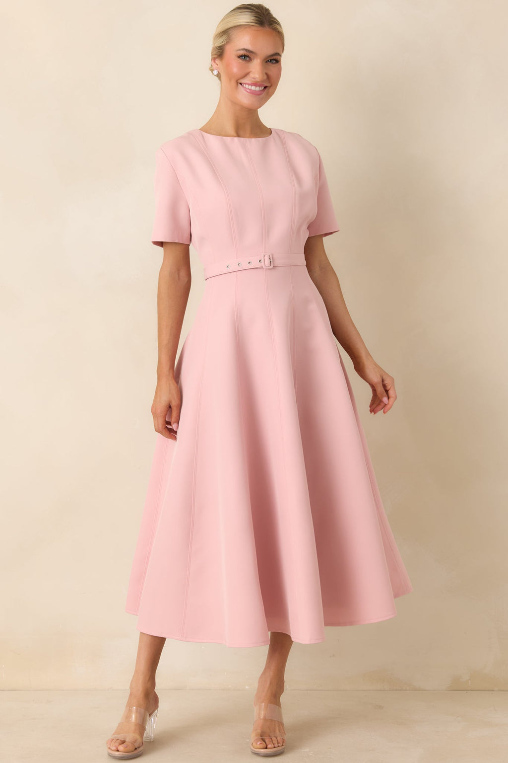 Women's Put Together Perfectly Blush Pink Belted Midi Dress | 95% Polyester & 5% Spandex 5