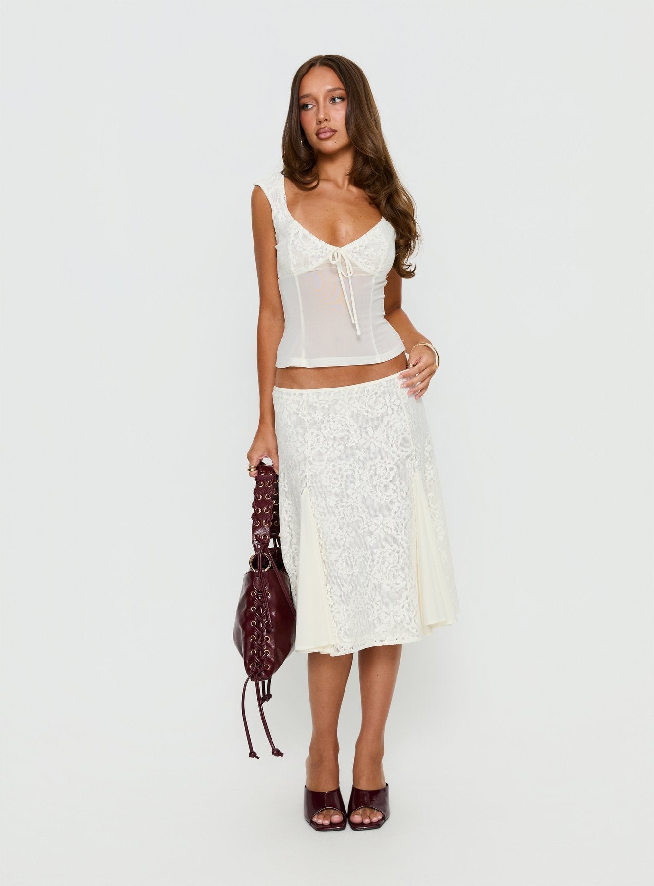 Women's Quani Lace Midi Skirt Cream | Lace midi skirt with mesh pleating detail 2