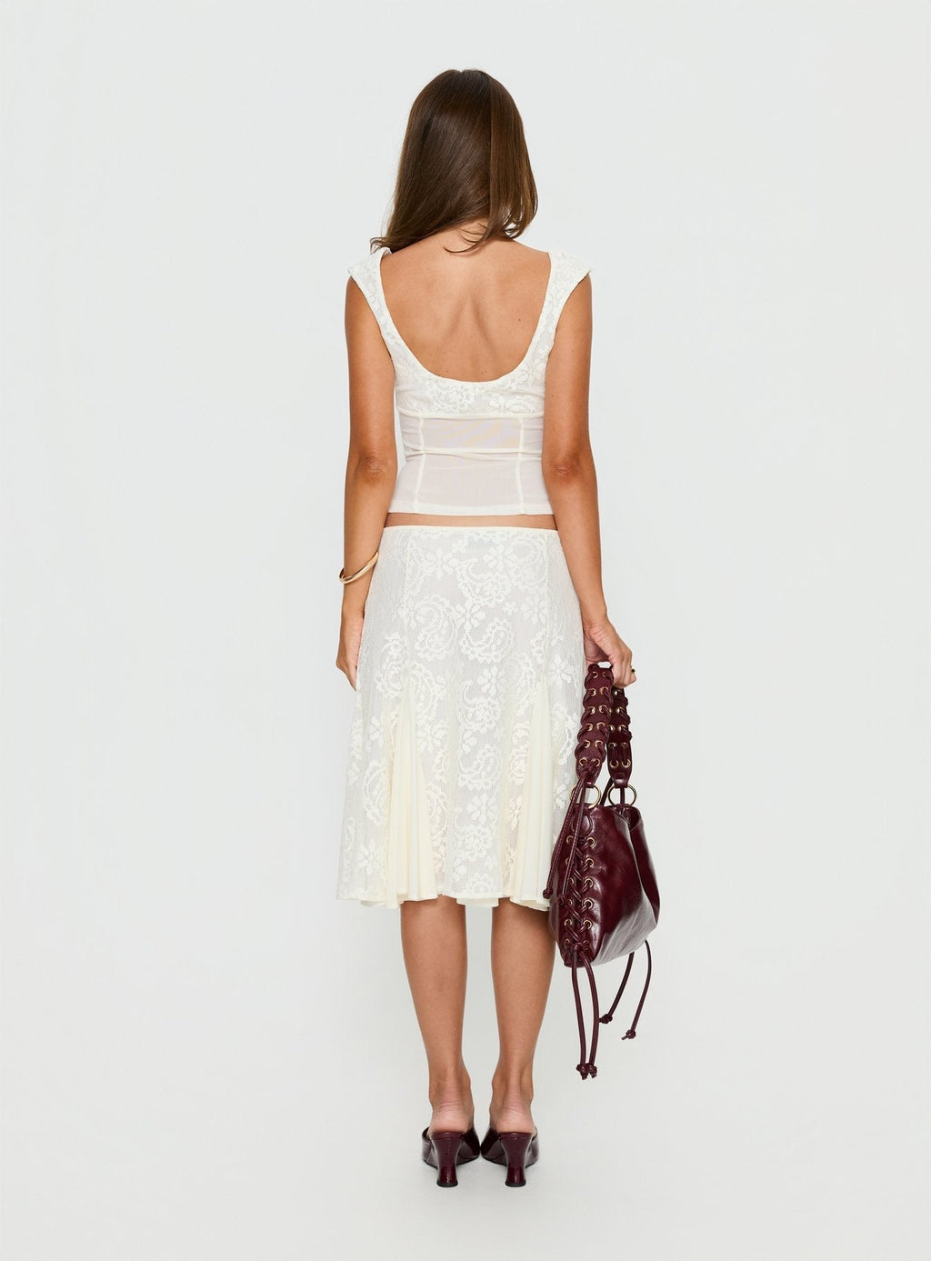 Women's Quani Lace Midi Skirt Cream | Lace midi skirt with mesh pleating detail 4