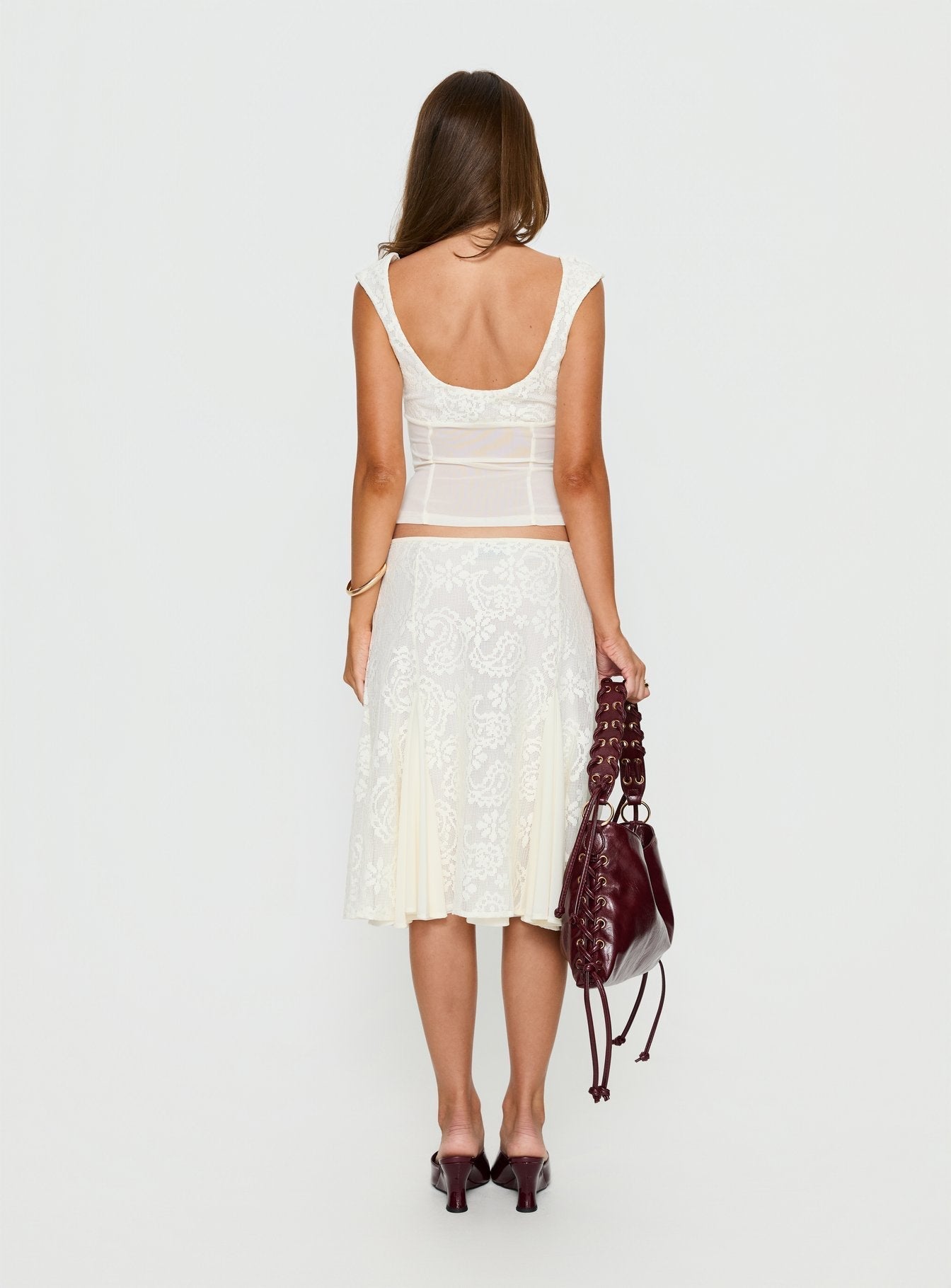 Women's Quani Lace Midi Skirt Cream | Lace midi skirt with mesh pleating detail 4