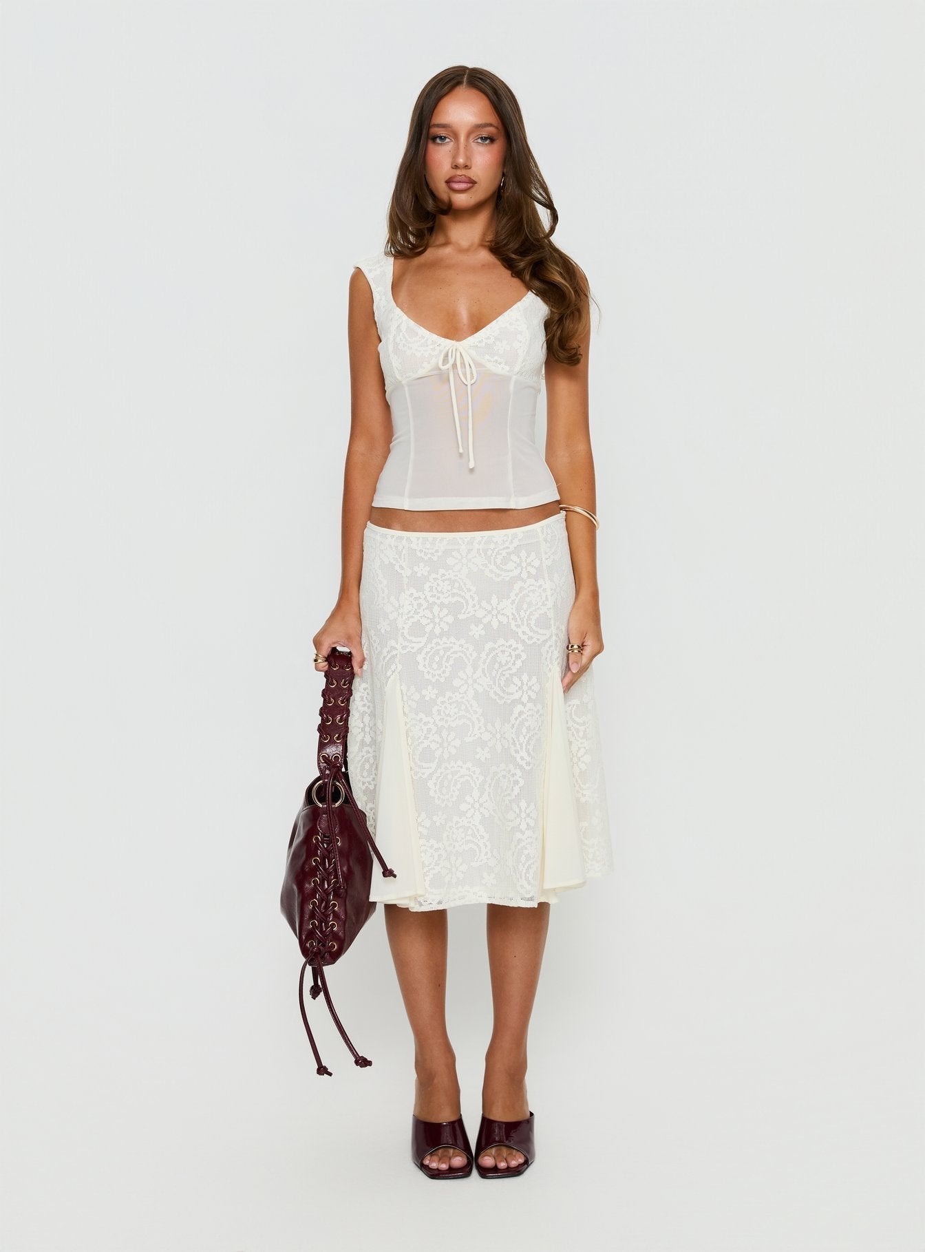 Women's Quani Lace Midi Skirt Cream | Lace midi skirt with mesh pleating detail 6