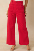 Women's Quiet Confidence Red Cotton Patch Pocket Wide Leg Pants | 97% Cotton & 3% Spandex 0