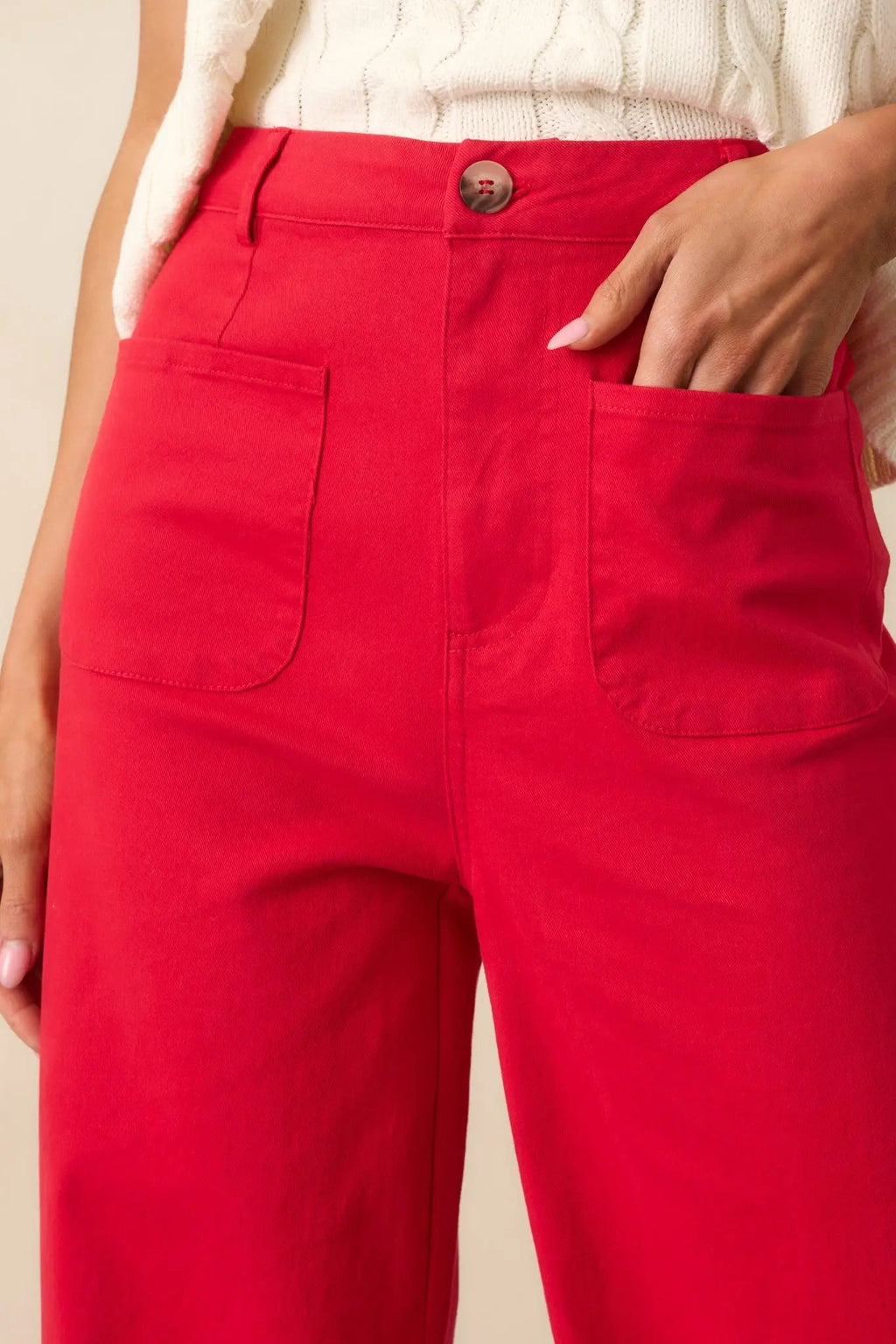 Women's Quiet Confidence Red Cotton Patch Pocket Wide Leg Pants | 97% Cotton & 3% Spandex 1