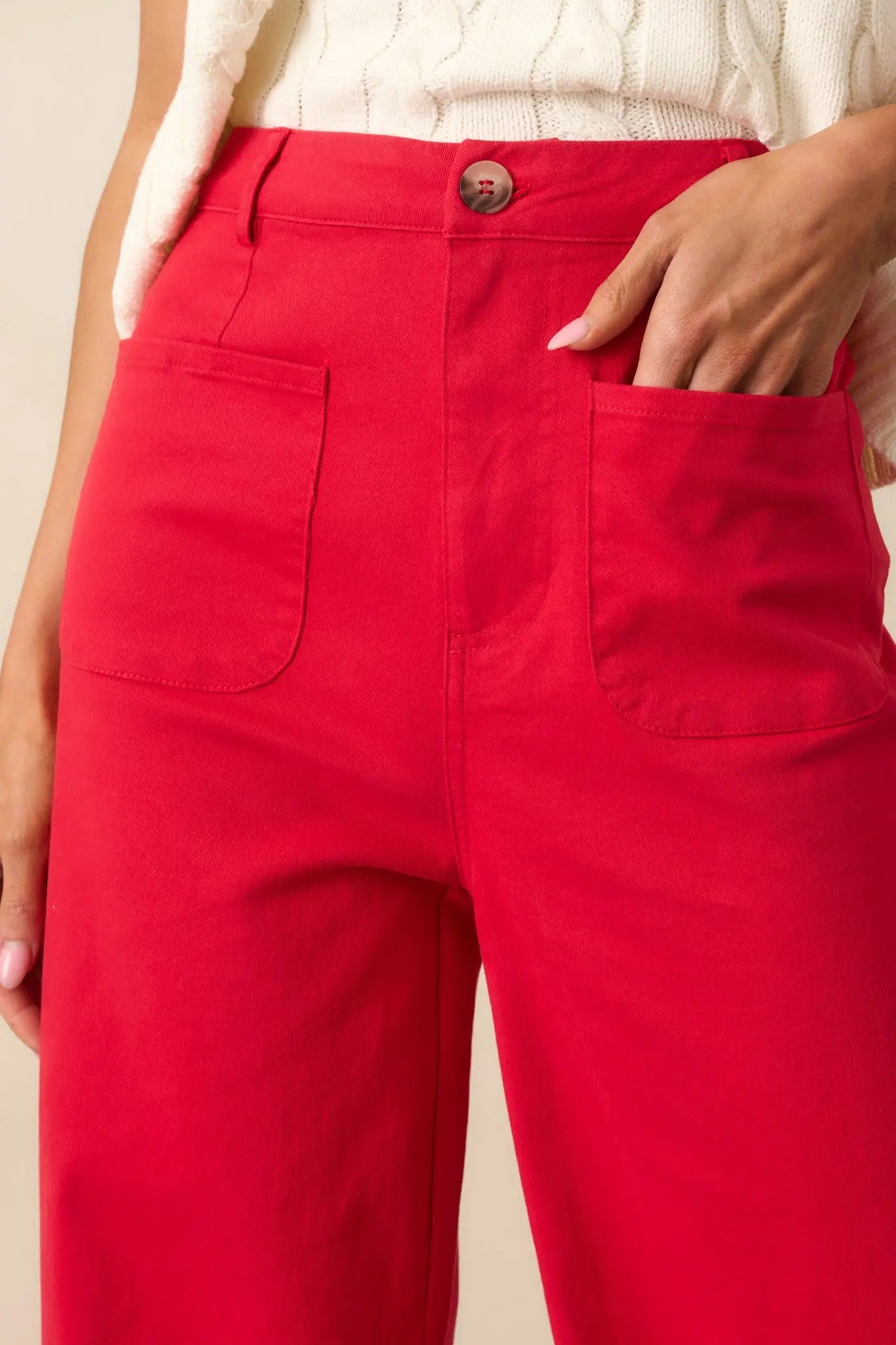 Women's Quiet Confidence Red Cotton Patch Pocket Wide Leg Pants | 97% Cotton & 3% Spandex 1