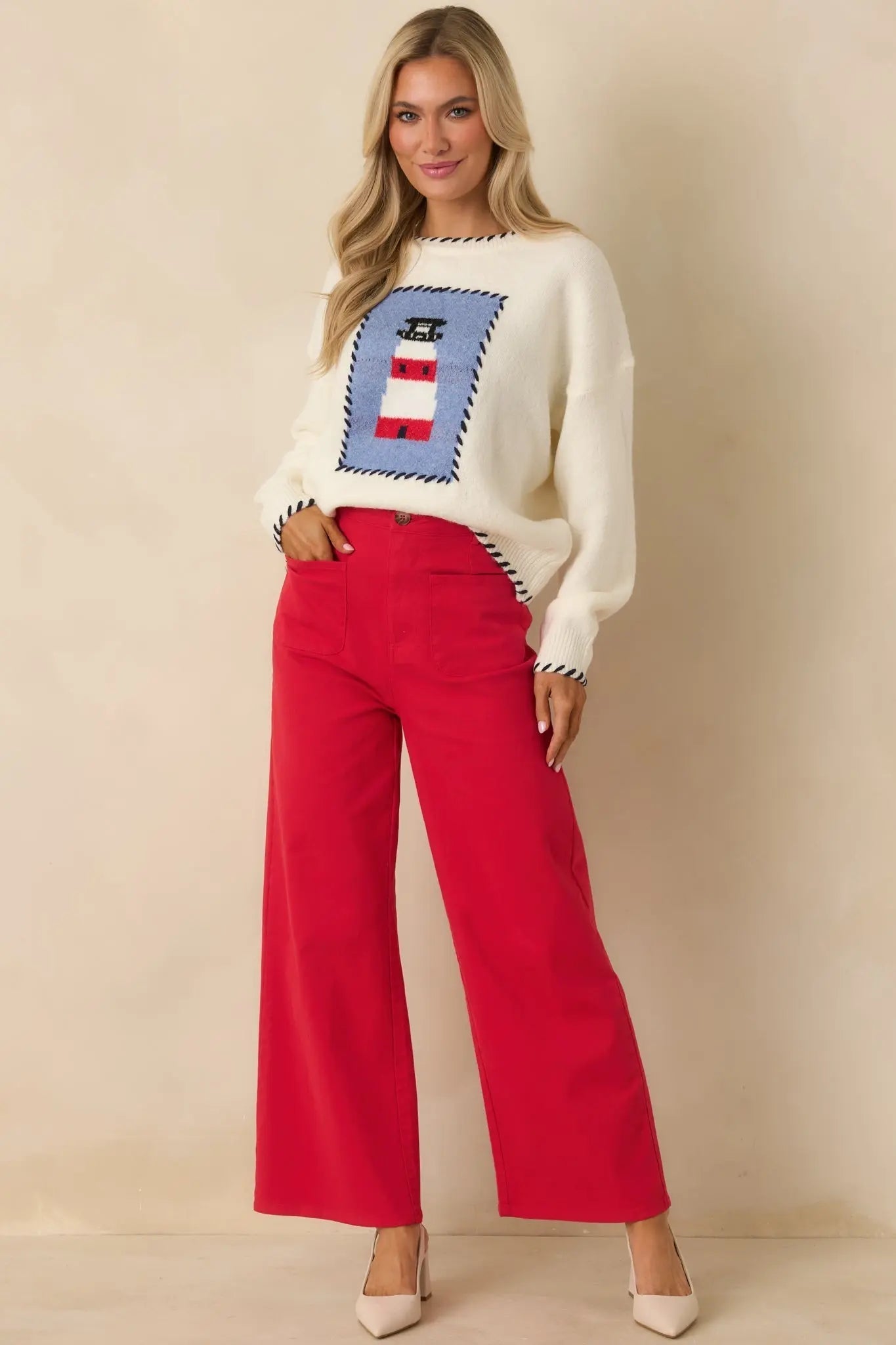 Women's Quiet Confidence Red Cotton Patch Pocket Wide Leg Pants | 97% Cotton & 3% Spandex 2
