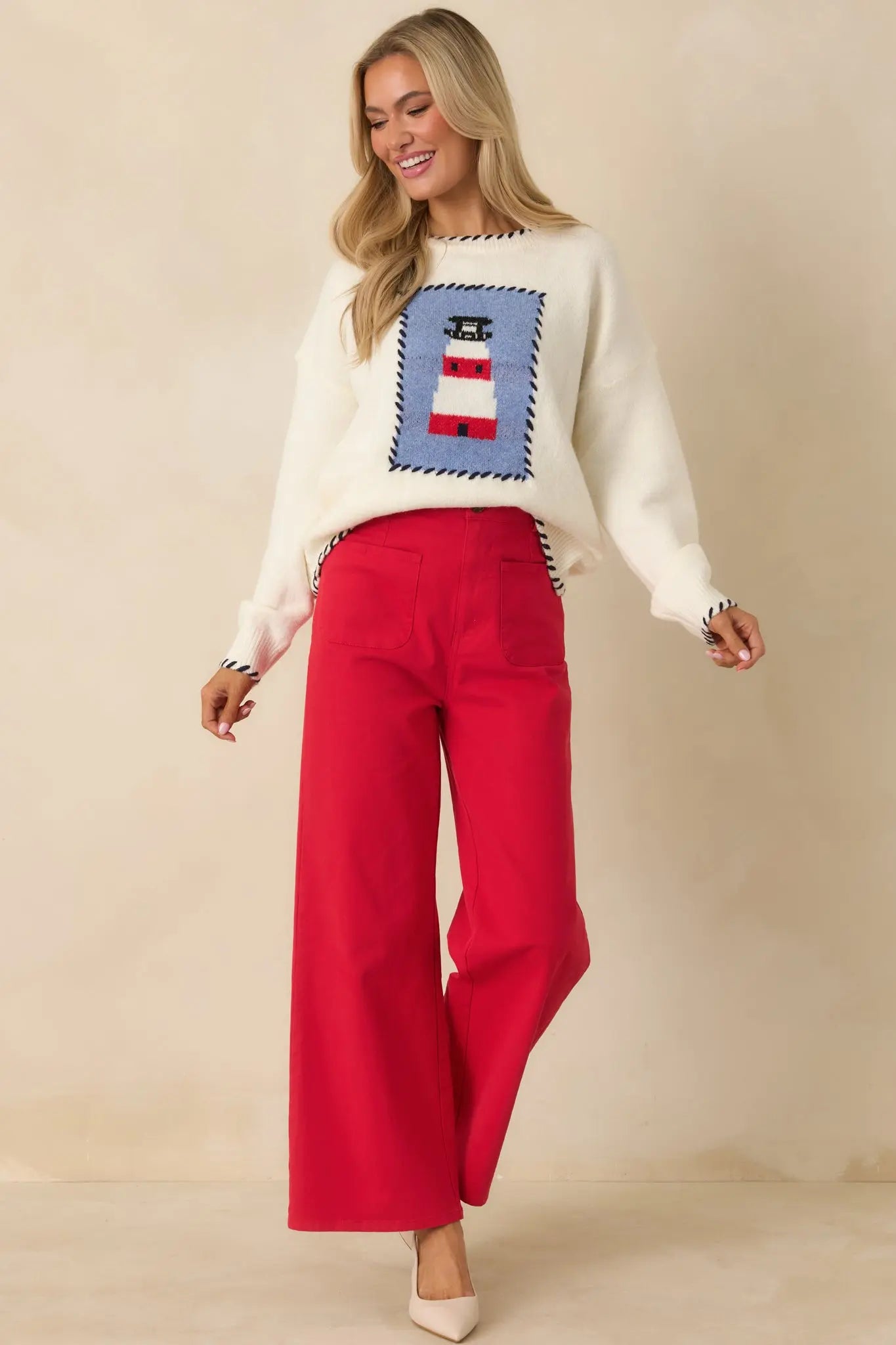Women's Quiet Confidence Red Cotton Patch Pocket Wide Leg Pants | 97% Cotton & 3% Spandex 3