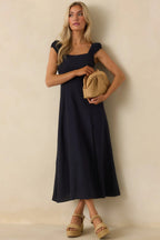 Women's Radiant Reverie Navy Midi Dress | 70% Linen 0