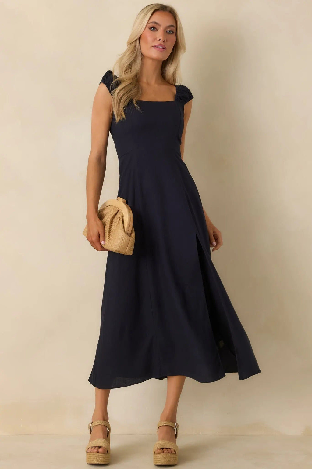 Women's Radiant Reverie Navy Midi Dress | 70% Linen 3