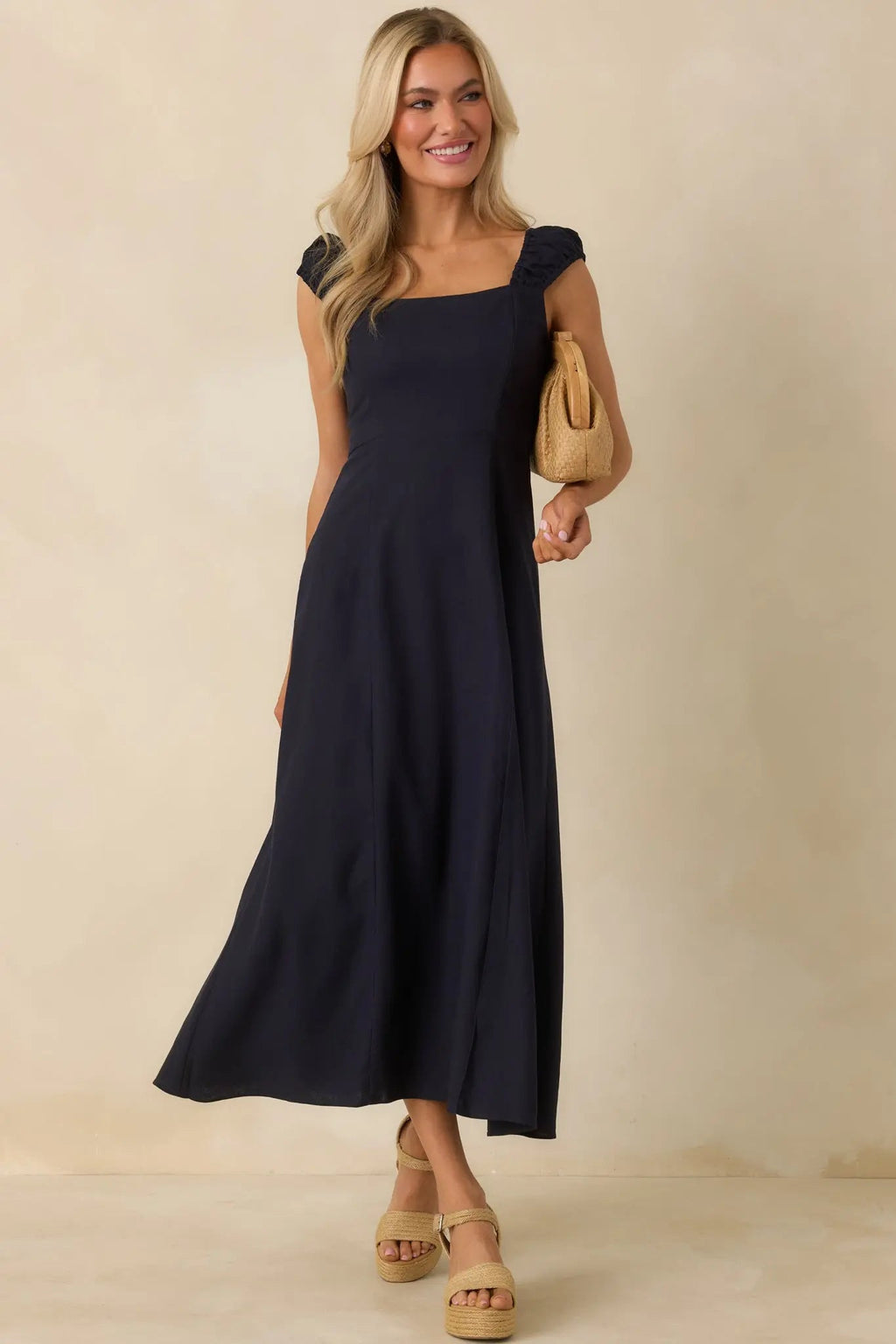 Women's Radiant Reverie Navy Midi Dress | 70% Linen 4