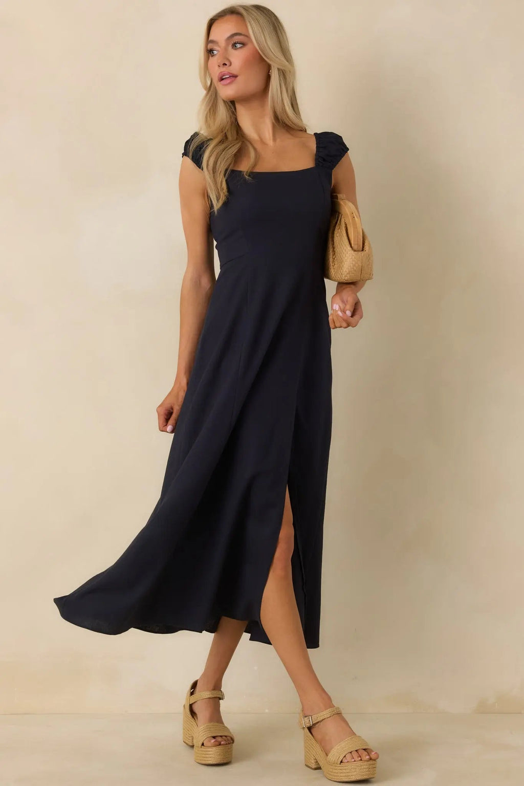 Women's Radiant Reverie Navy Midi Dress | 70% Linen 5