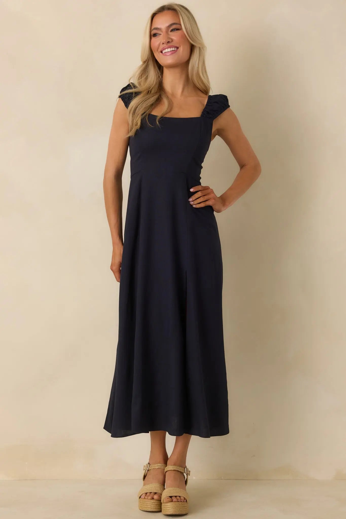 Women's Radiant Reverie Navy Midi Dress | 70% Linen 6