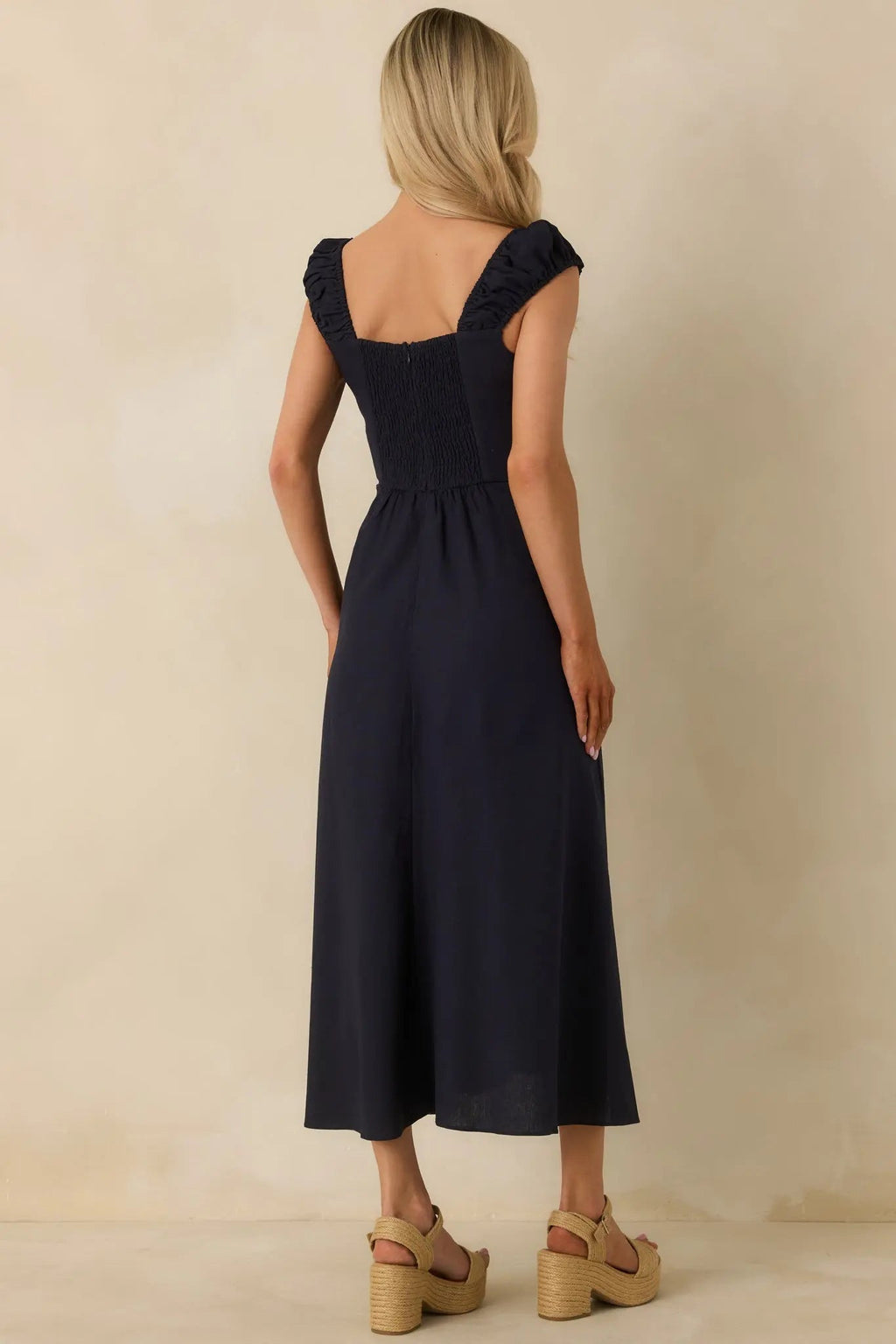 Women's Radiant Reverie Navy Midi Dress | 70% Linen 7