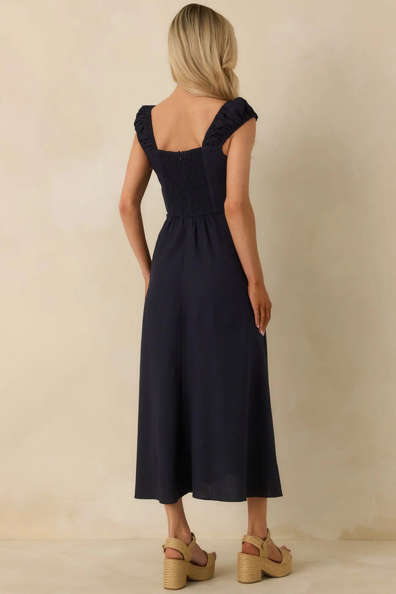 Women's Radiant Reverie Navy Midi Dress | 70% Linen 7